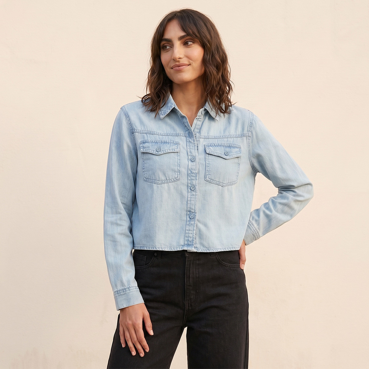 قميص تينسل بجيوب مطوية من سبلاش دينم-women-clothing-shirtsandblouses-shirts-image-1