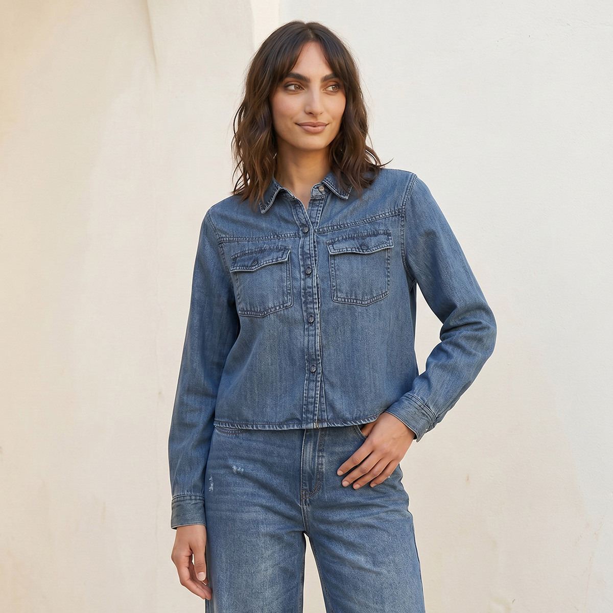 Splash Denim Tencel Shirt Flap Pockets-women-clothing-shirtsandblouses-shirts-image-1