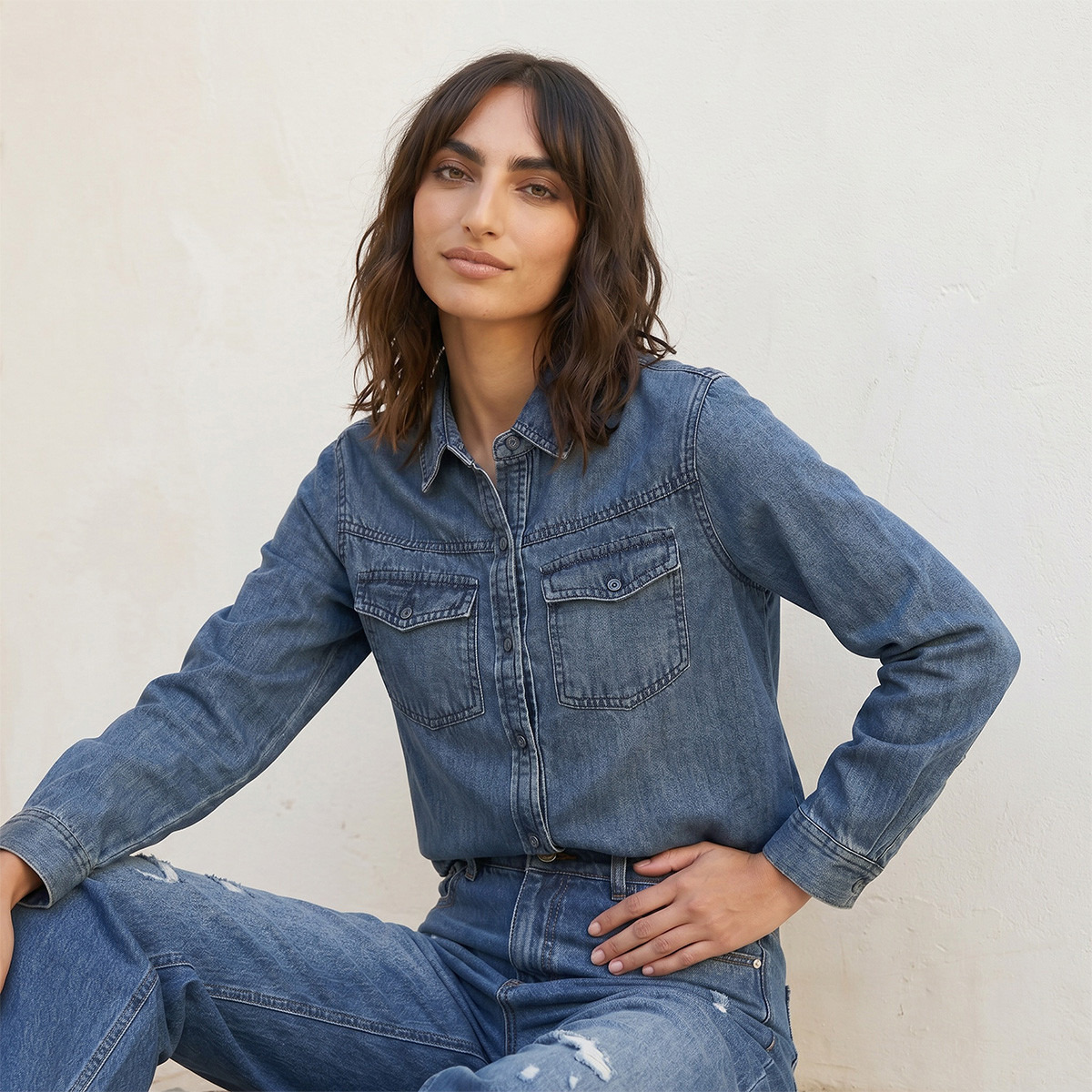 Splash Denim Tencel Shirt Flap Pockets-women-clothing-shirtsandblouses-shirts-image-5