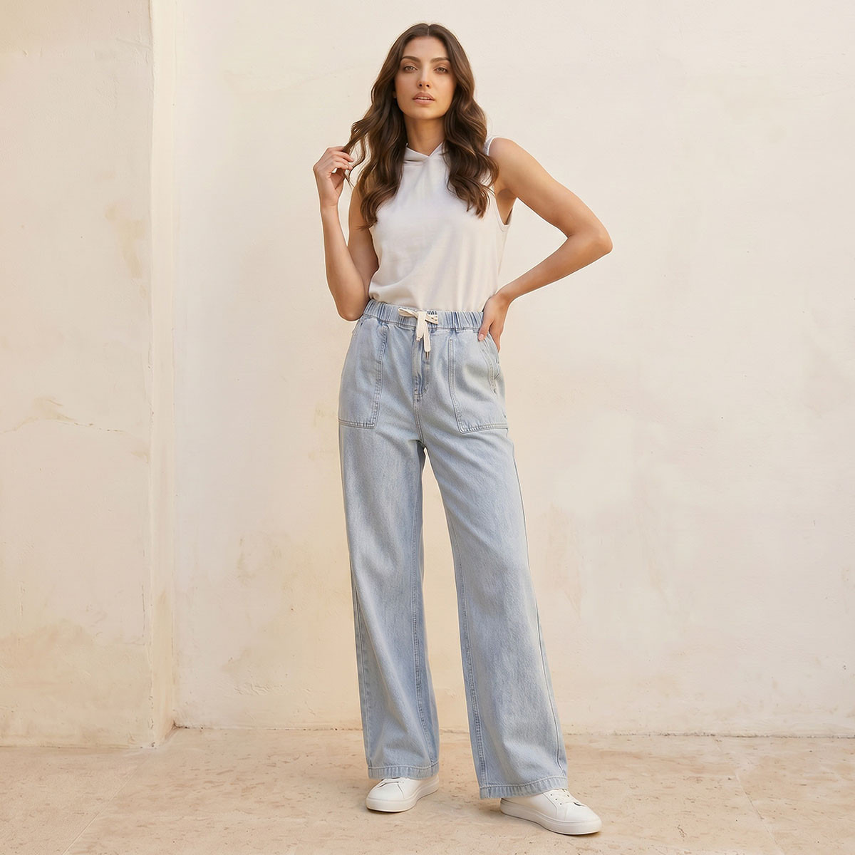 بنطلون قطن مطاطي بقصة كاربنتر من سبلاش دينم-women-clothing-bottoms-jeans-image-3