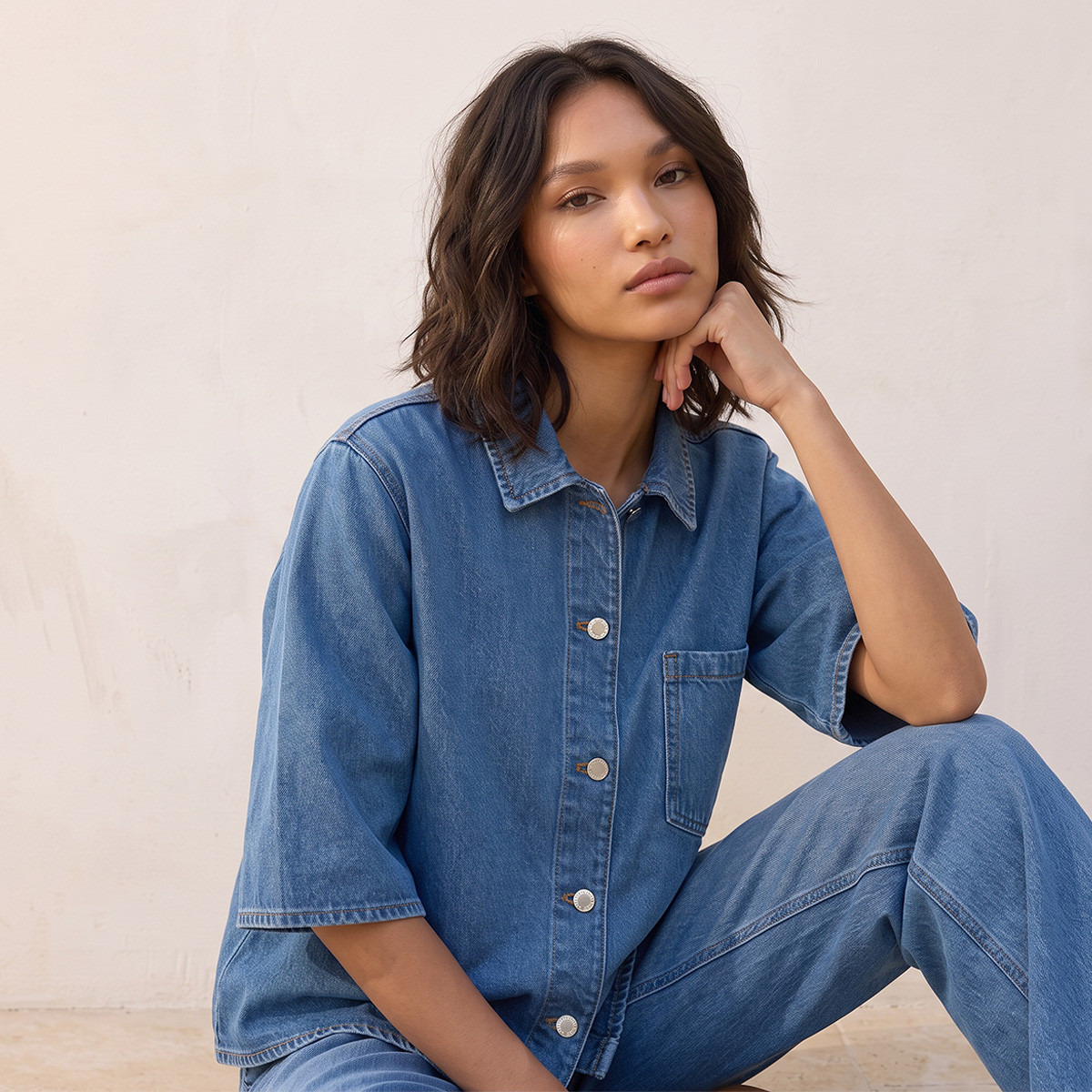 Splash Denim Cotton Shirt with Pocket-women-clothing-shirtsandblouses-shirts-image-1