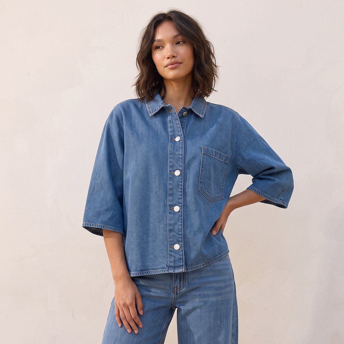 Splash Denim Cotton Shirt with Pocket-women-clothing-shirtsandblouses-shirts-image-2