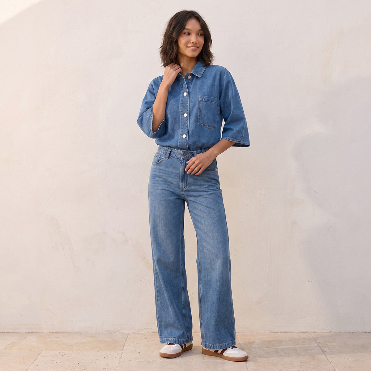 Splash Denim Cotton Shirt with Pocket-women-clothing-shirtsandblouses-shirts-image-5