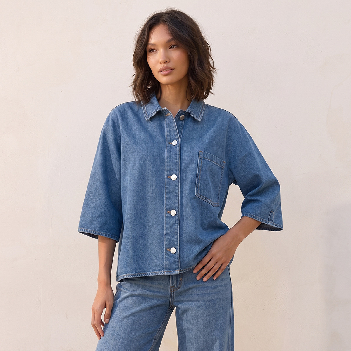 Splash Denim Cotton Shirt with Pocket-women-clothing-shirtsandblouses-shirts-image-6