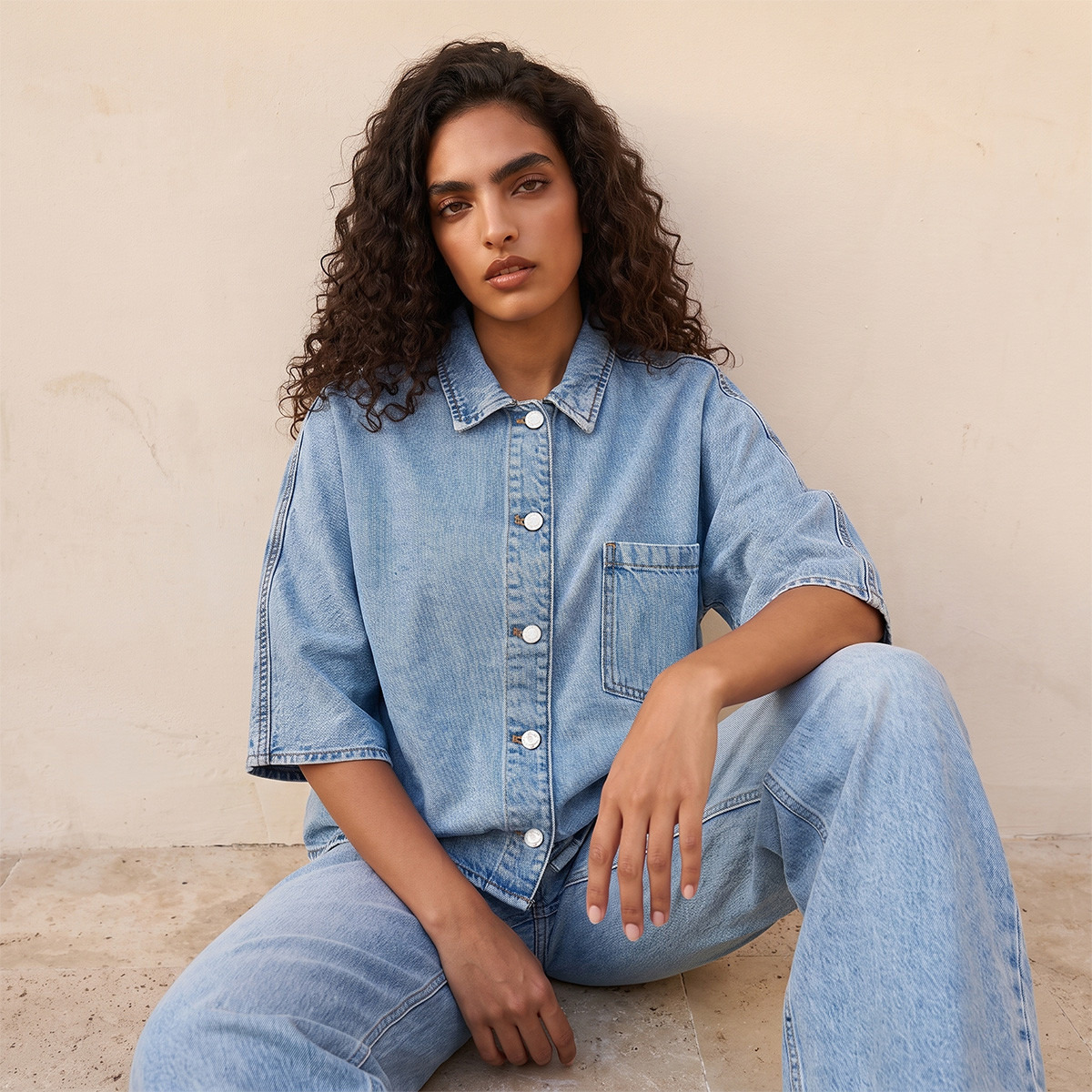 Splash Denim Cotton Shirt with Pocket-women-clothing-shirtsandblouses-shirts-image-1