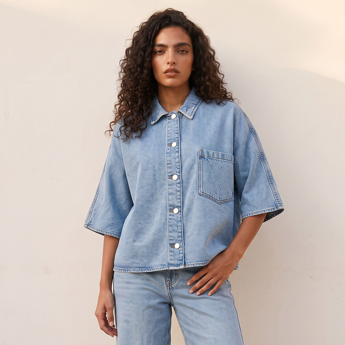 Splash Denim Cotton Shirt with Pocket-women-clothing-shirtsandblouses-shirts-image-2