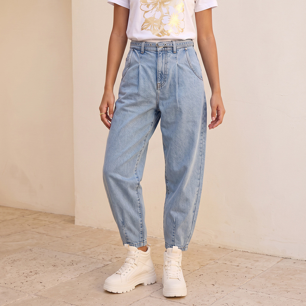 Splash Denim Barrel Fit Cotton Jeans with Belt-women-clothing-bottoms-jeans-image-1