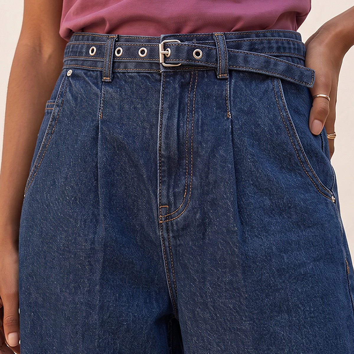 Splash Denim Barrel Fit Belted Jeans with Darts-women-clothing-bottoms-jeans-image-4
