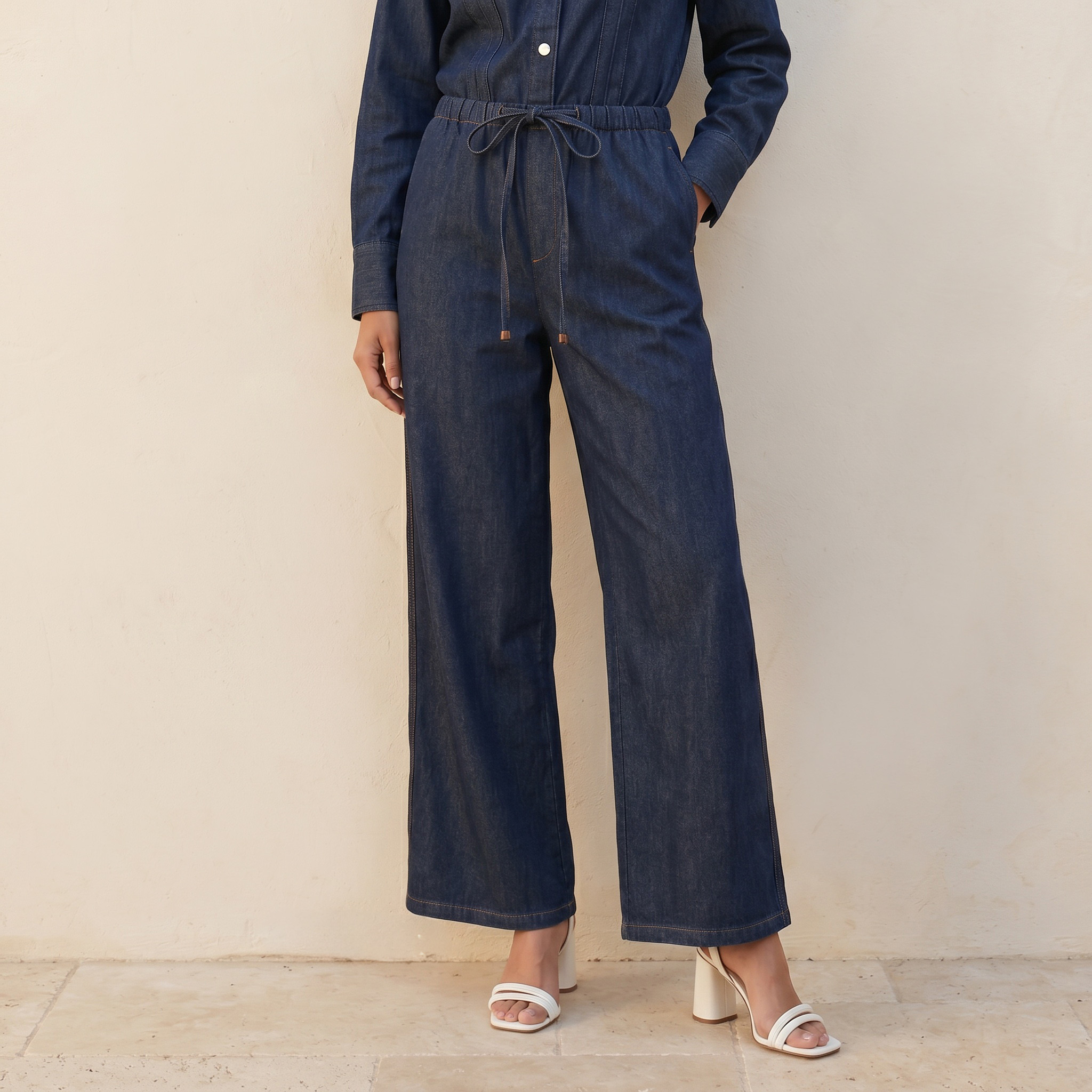 بنطلون قطن بخصر رباط وقصة مستقيمة من سبلاش دينم-women-clothing-trousers-image-1