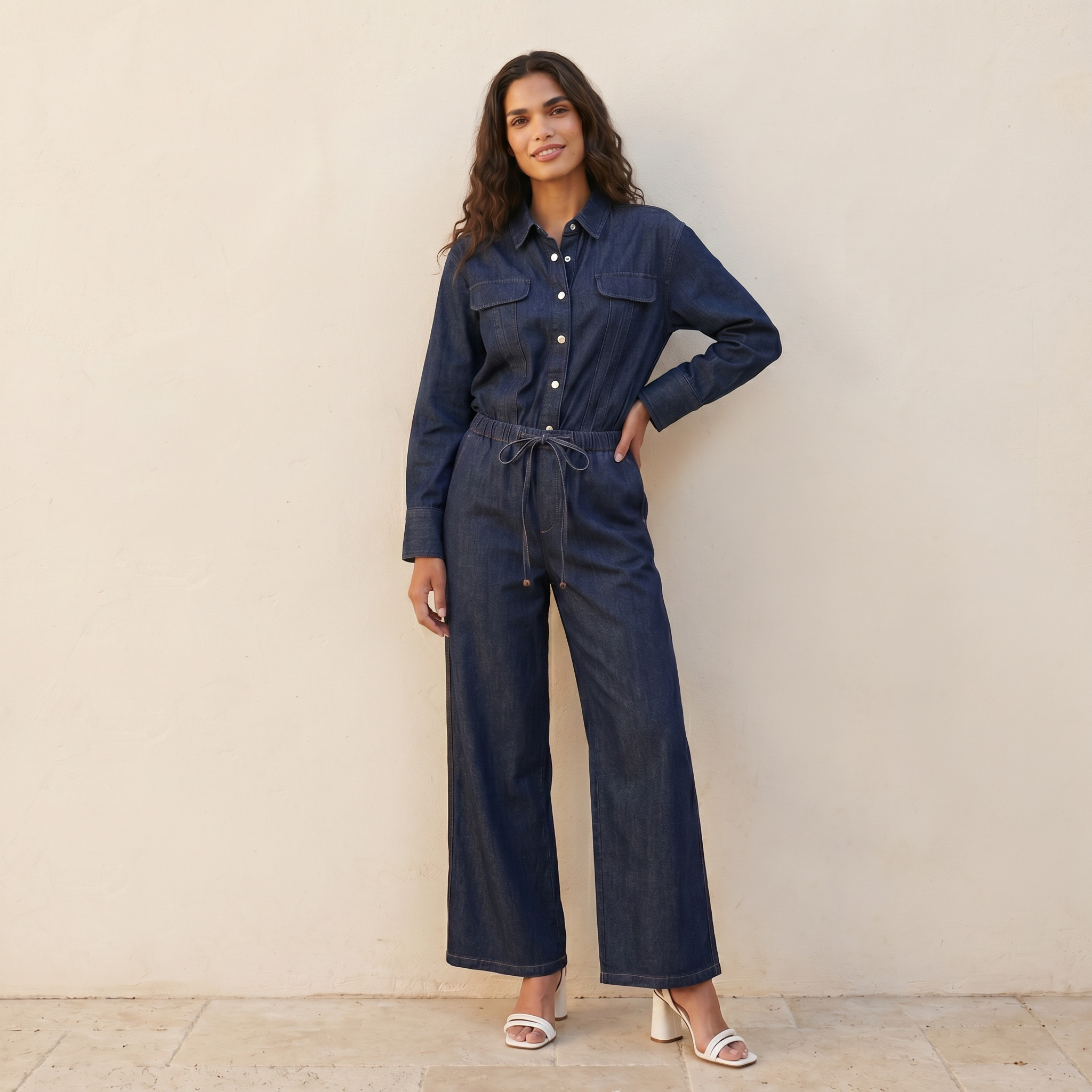 بنطلون قطن بخصر رباط وقصة مستقيمة من سبلاش دينم-women-clothing-trousers-image-3