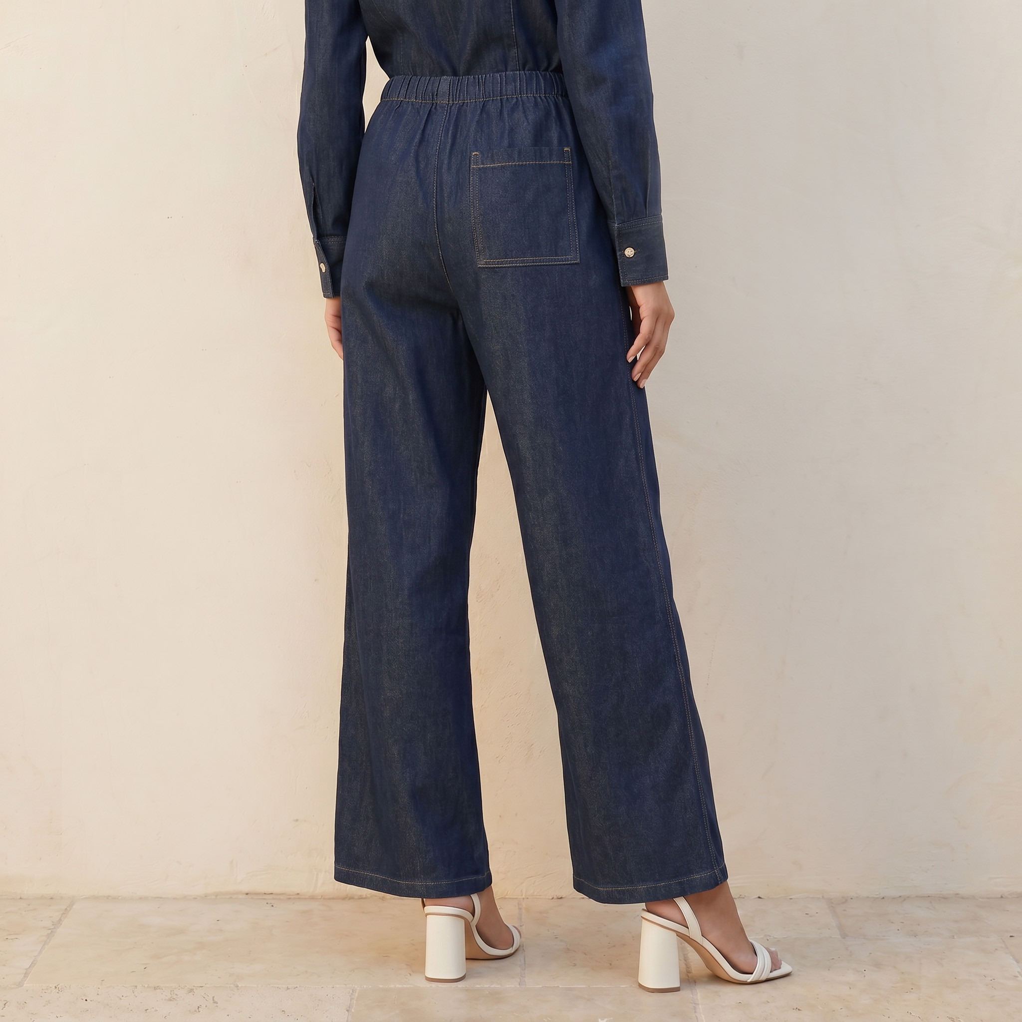 بنطلون قطن بخصر رباط وقصة مستقيمة من سبلاش دينم-women-clothing-trousers-image-4