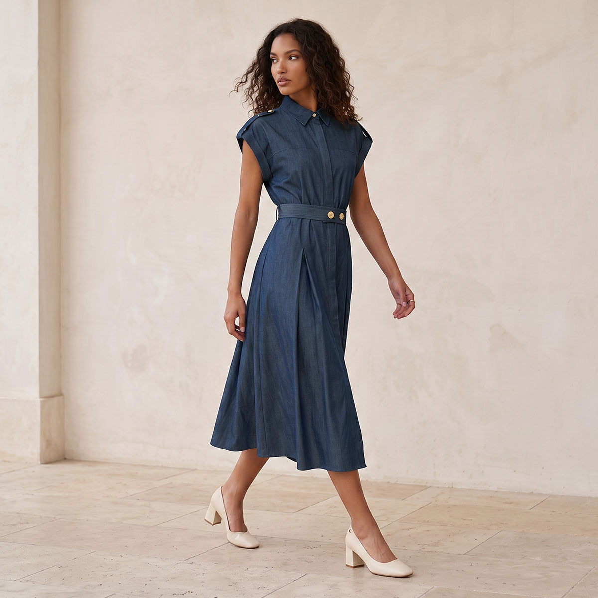 Splash Denim Shirt Dress with Buttoned Belt-women-clothing-dresses-image-1