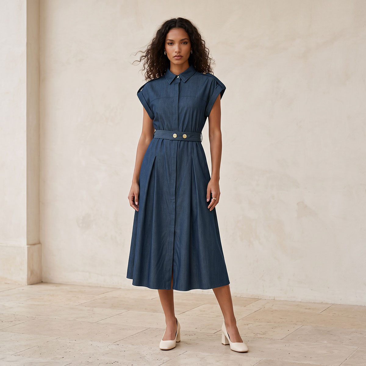 Splash Denim Shirt Dress with Buttoned Belt-women-clothing-dresses-image-3