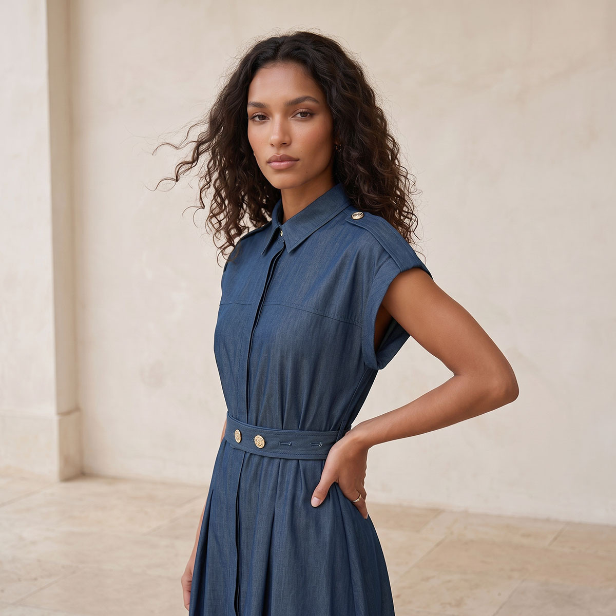 Splash Denim Shirt Dress with Buttoned Belt-women-clothing-dresses-image-5