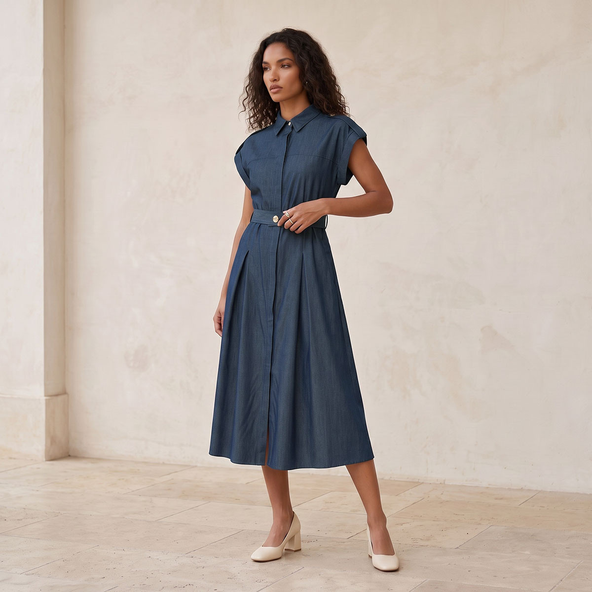 Splash Denim Shirt Dress with Buttoned Belt-women-clothing-dresses-image-6