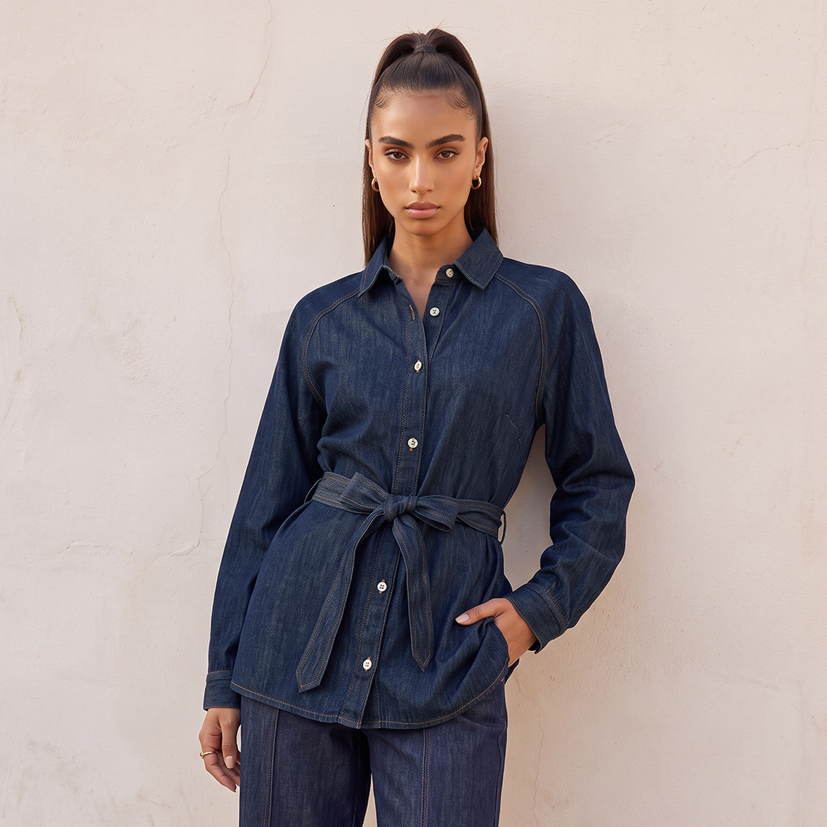 Splash Denim Button Down Longline Shirt with Belt-women-clothing-shirtsandblouses-shirts-image-1