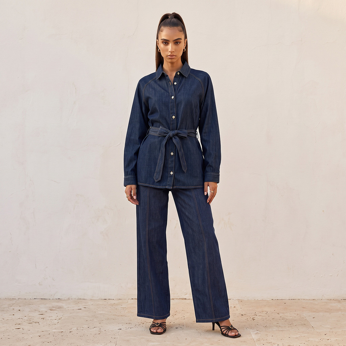 Splash Denim Button Down Longline Shirt with Belt-women-clothing-shirtsandblouses-shirts-image-2