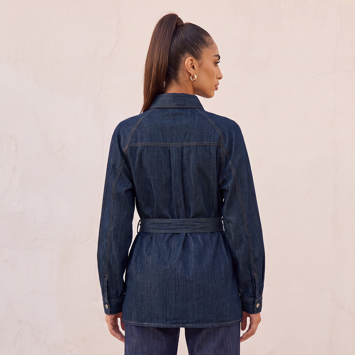 Splash Denim Button Down Longline Shirt with Belt-women-clothing-shirtsandblouses-shirts-image-3