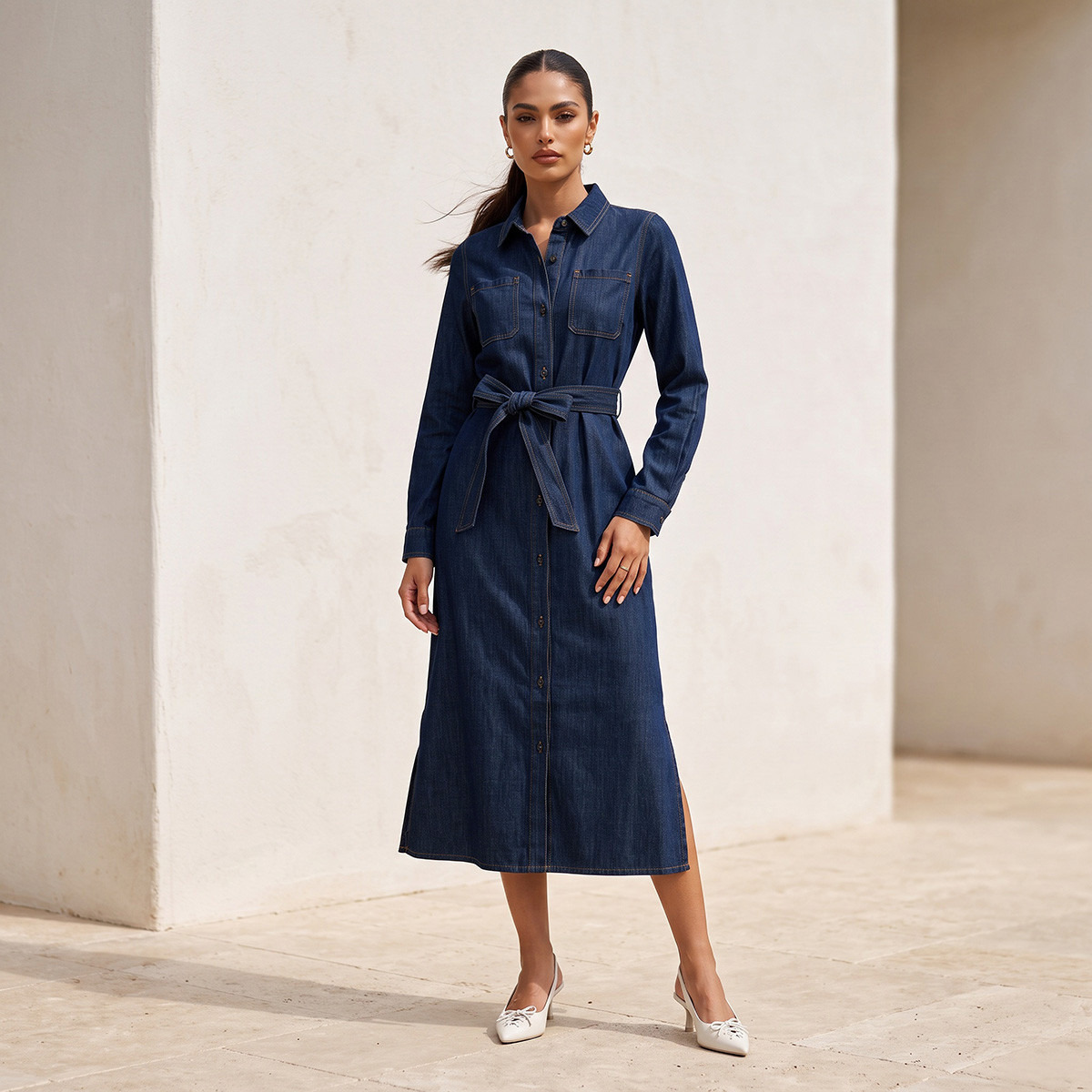 Splash Denim Midi Shirt Dress with Belt-women-clothing-dresses-image-1