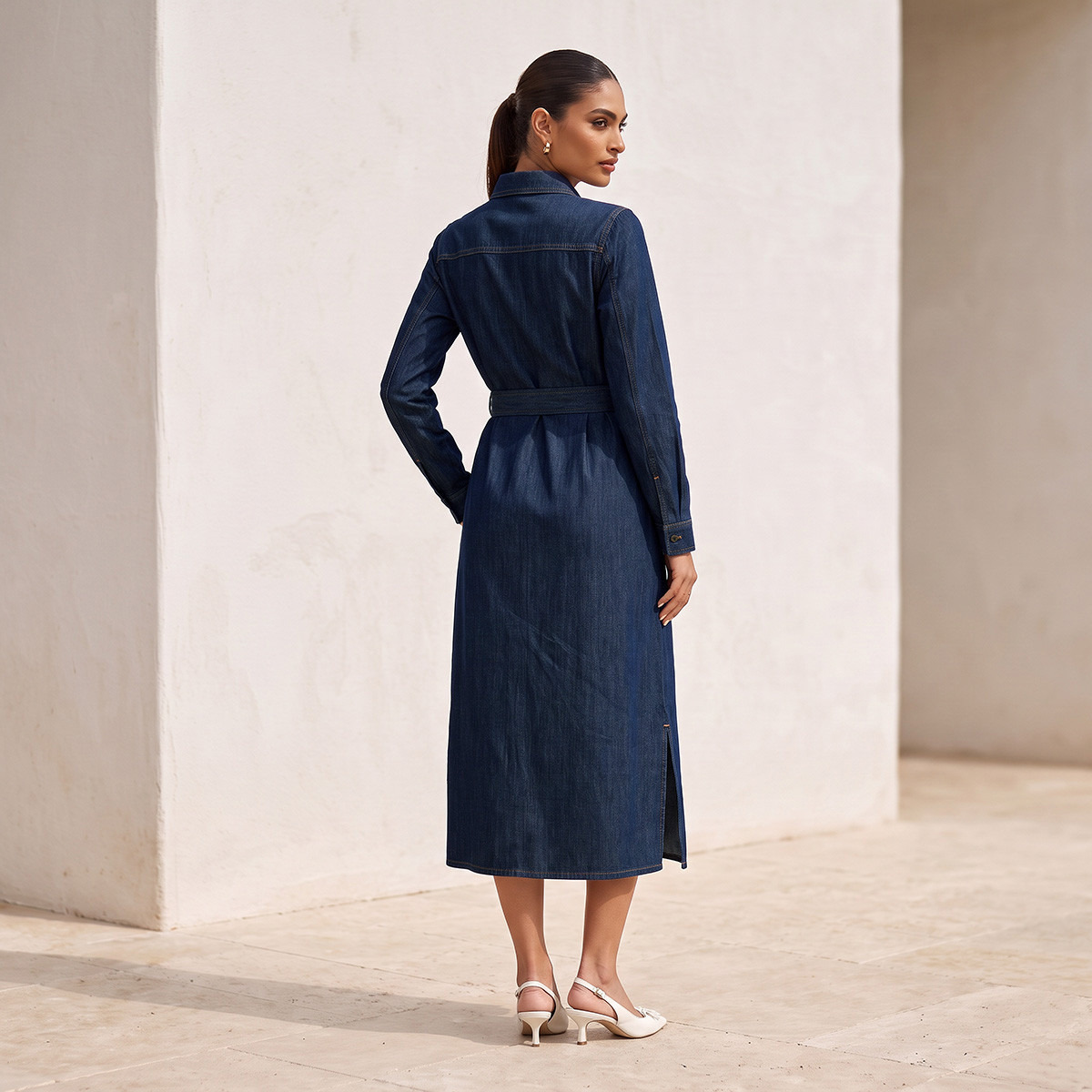 Splash Denim Midi Shirt Dress with Belt-women-clothing-dresses-image-4