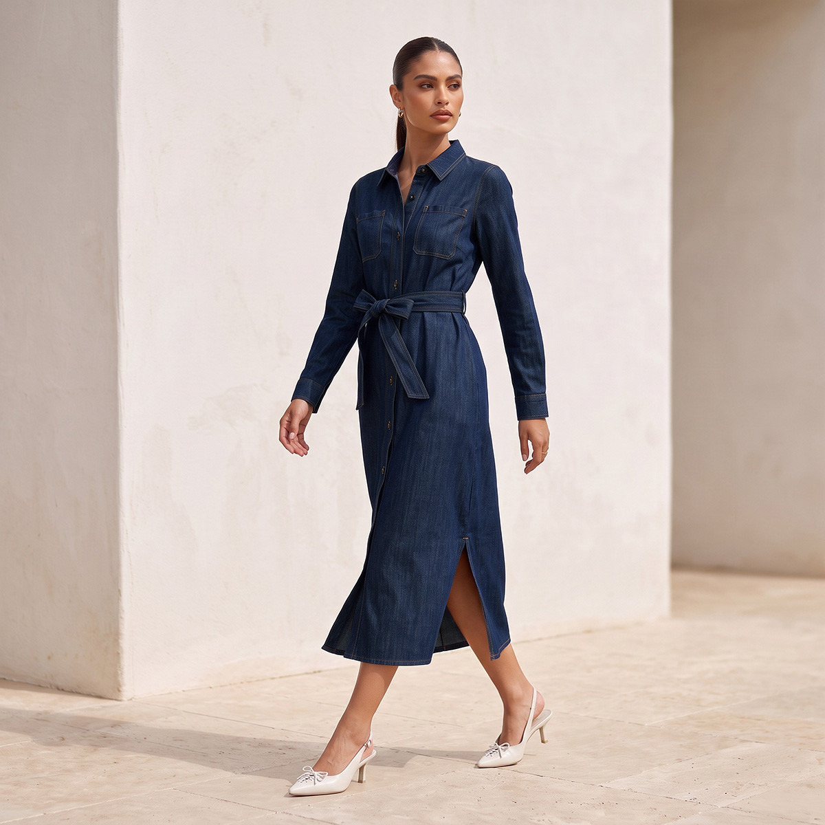 Splash Denim Midi Shirt Dress with Belt-women-clothing-dresses-image-3