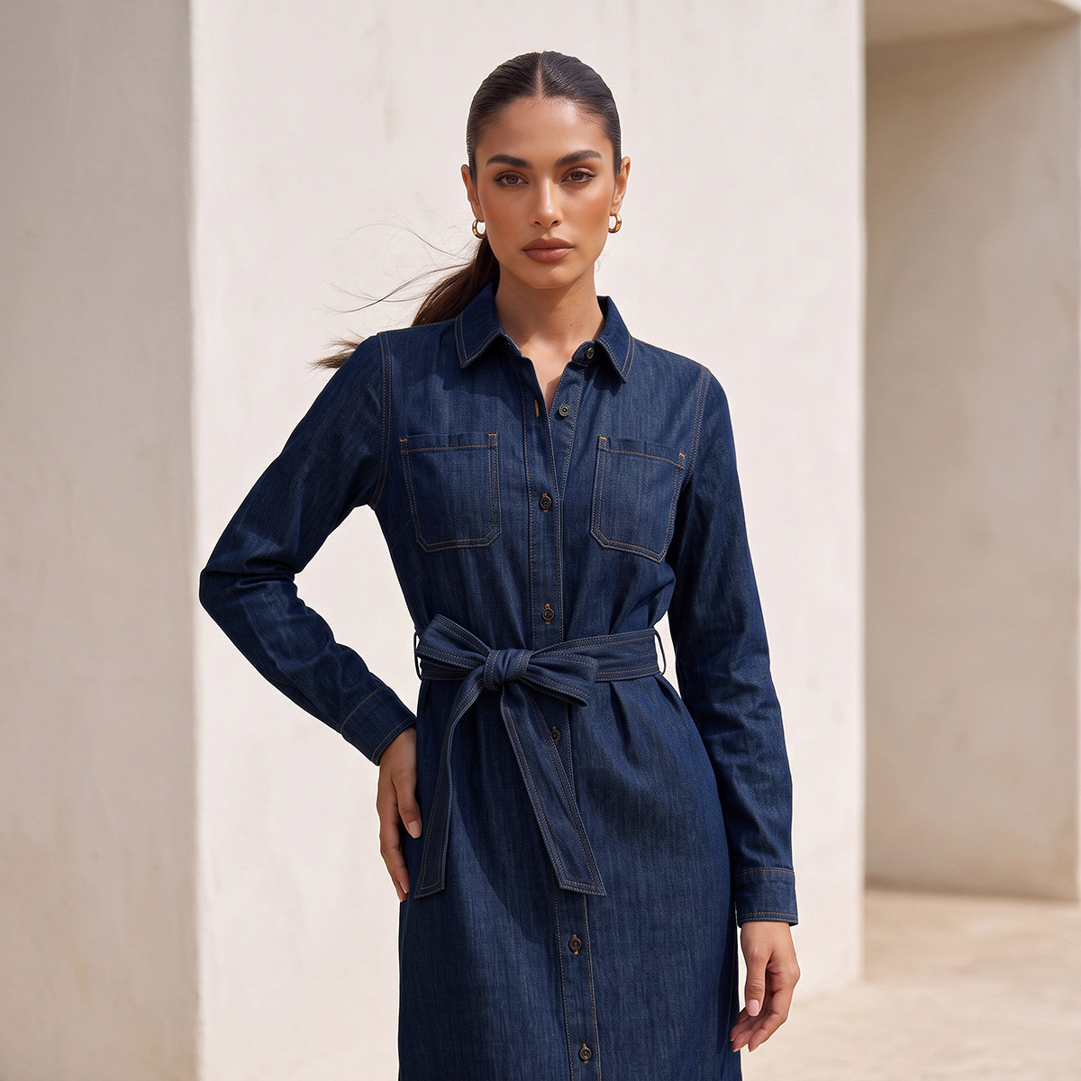 Splash Denim Midi Shirt Dress with Belt-women-clothing-dresses-image-2