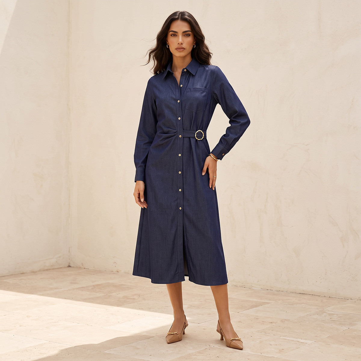 Splash Denim Midi Shirt Dress with Buckle Accent-women-clothing-dresses-image-1