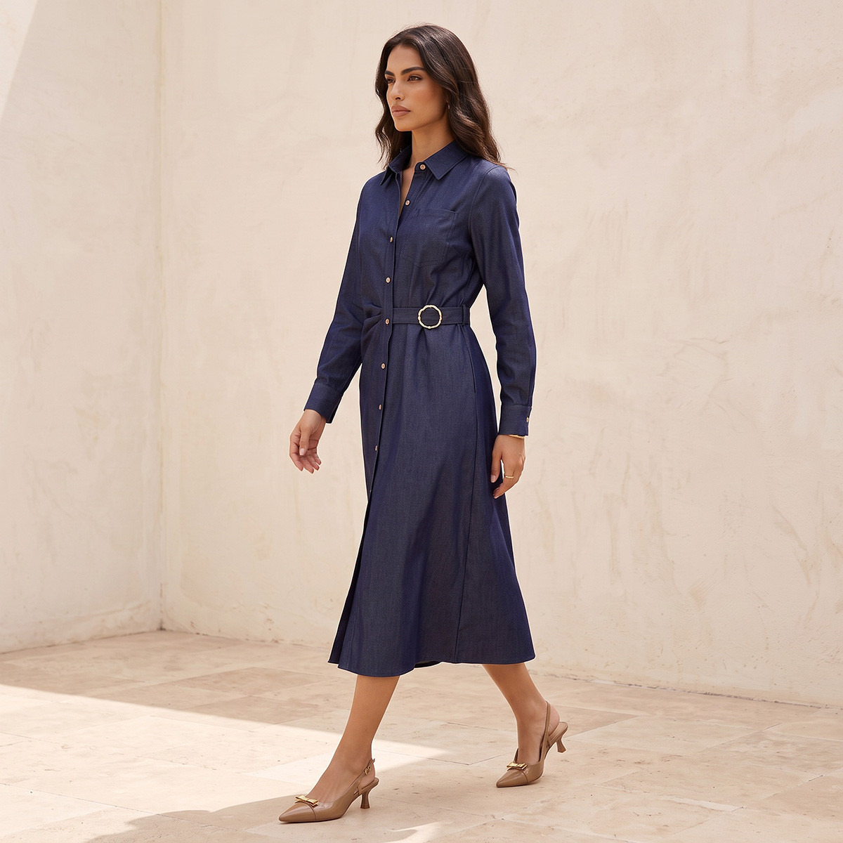 Splash Denim Midi Shirt Dress with Buckle Accent-women-clothing-dresses-image-2