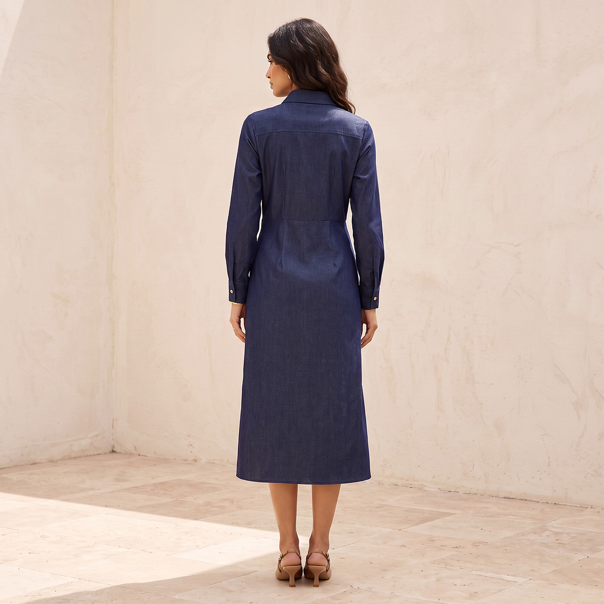 Splash Denim Midi Shirt Dress with Buckle Accent-women-clothing-dresses-image-3