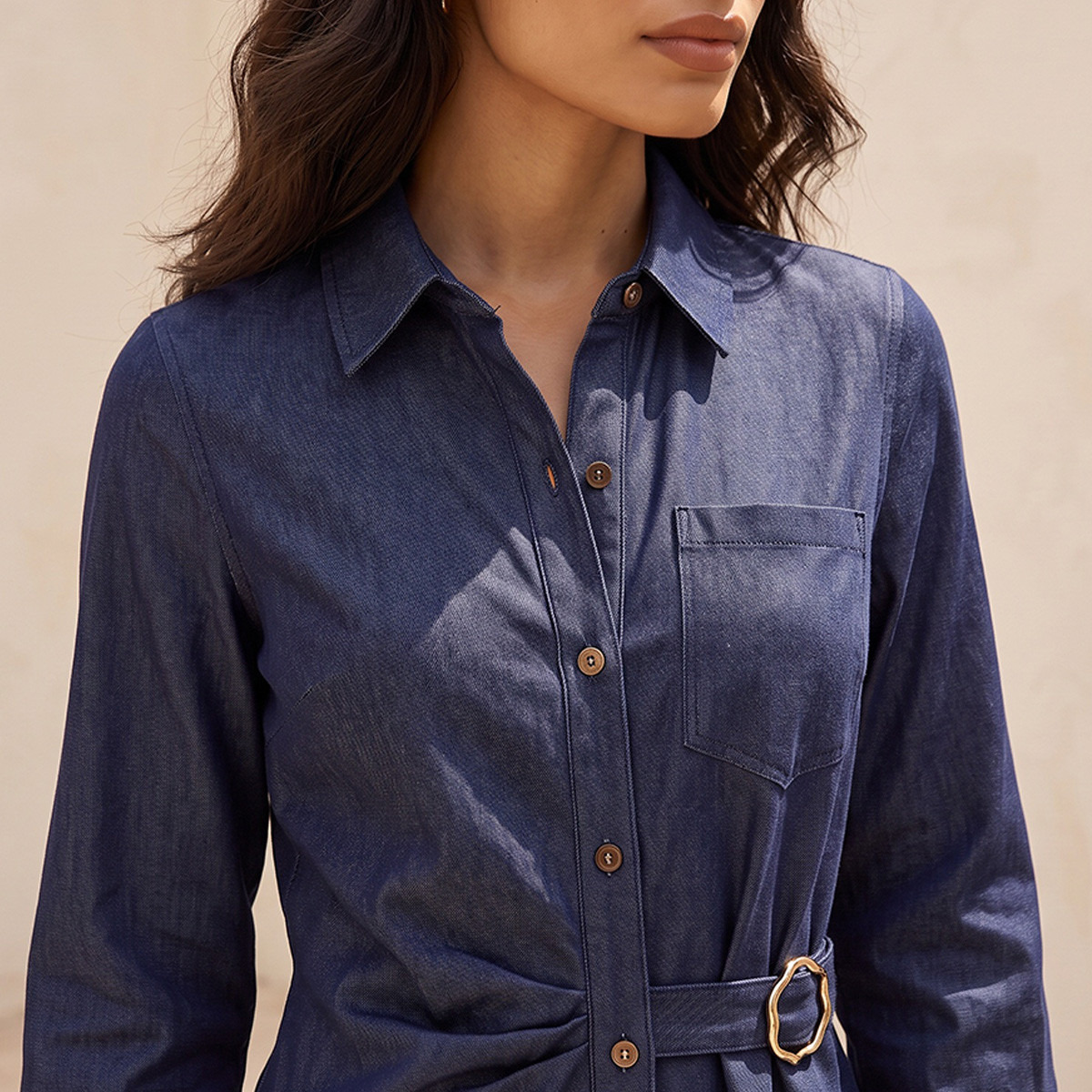 Splash Denim Midi Shirt Dress with Buckle Accent-women-clothing-dresses-image-4
