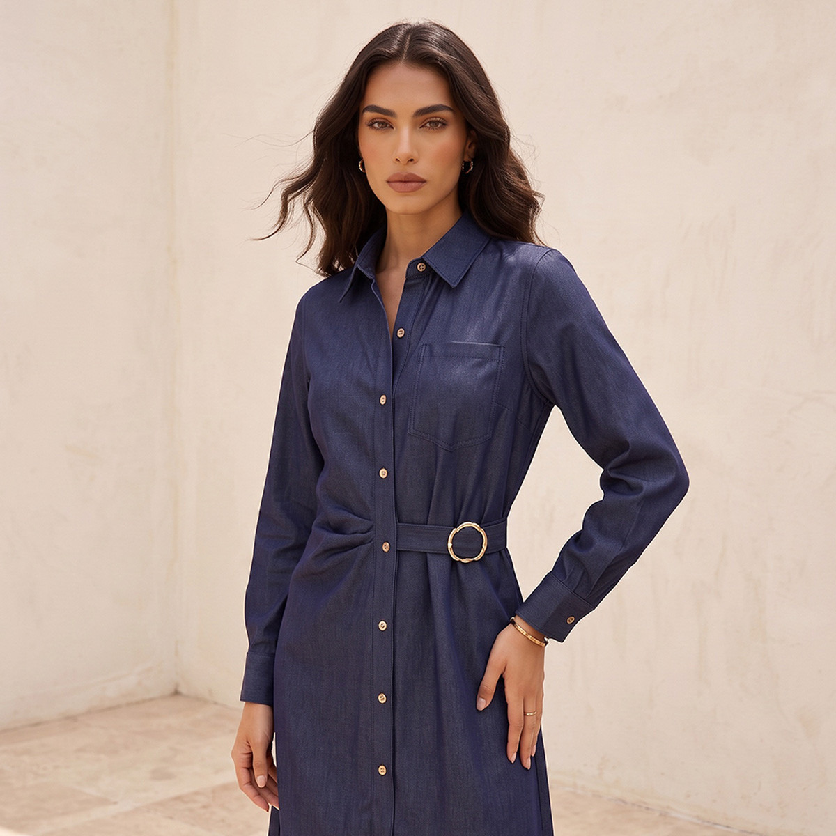 Splash Denim Midi Shirt Dress with Buckle Accent-women-clothing-dresses-image-5