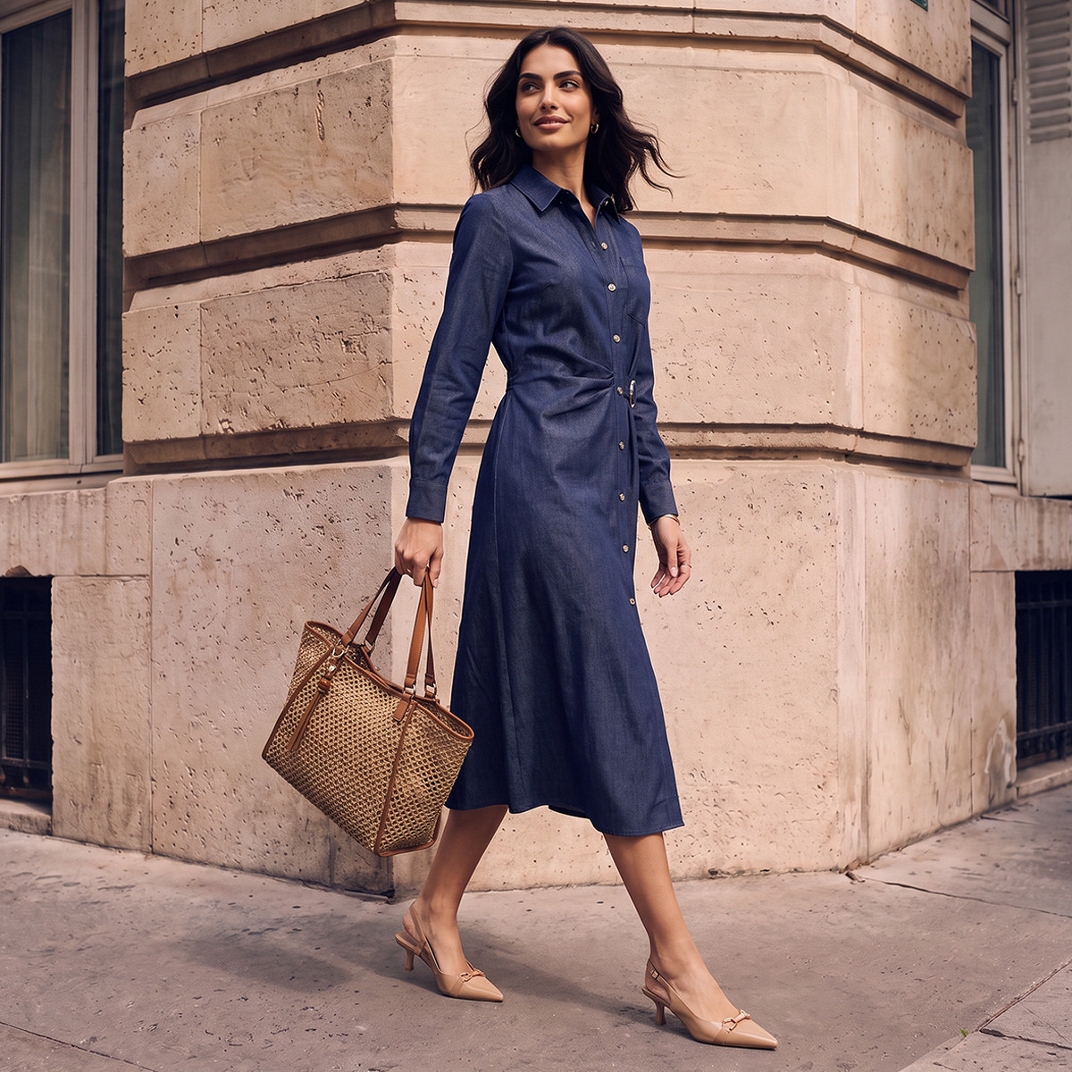 Splash Denim Midi Shirt Dress with Buckle Accent-women-clothing-dresses-image-6