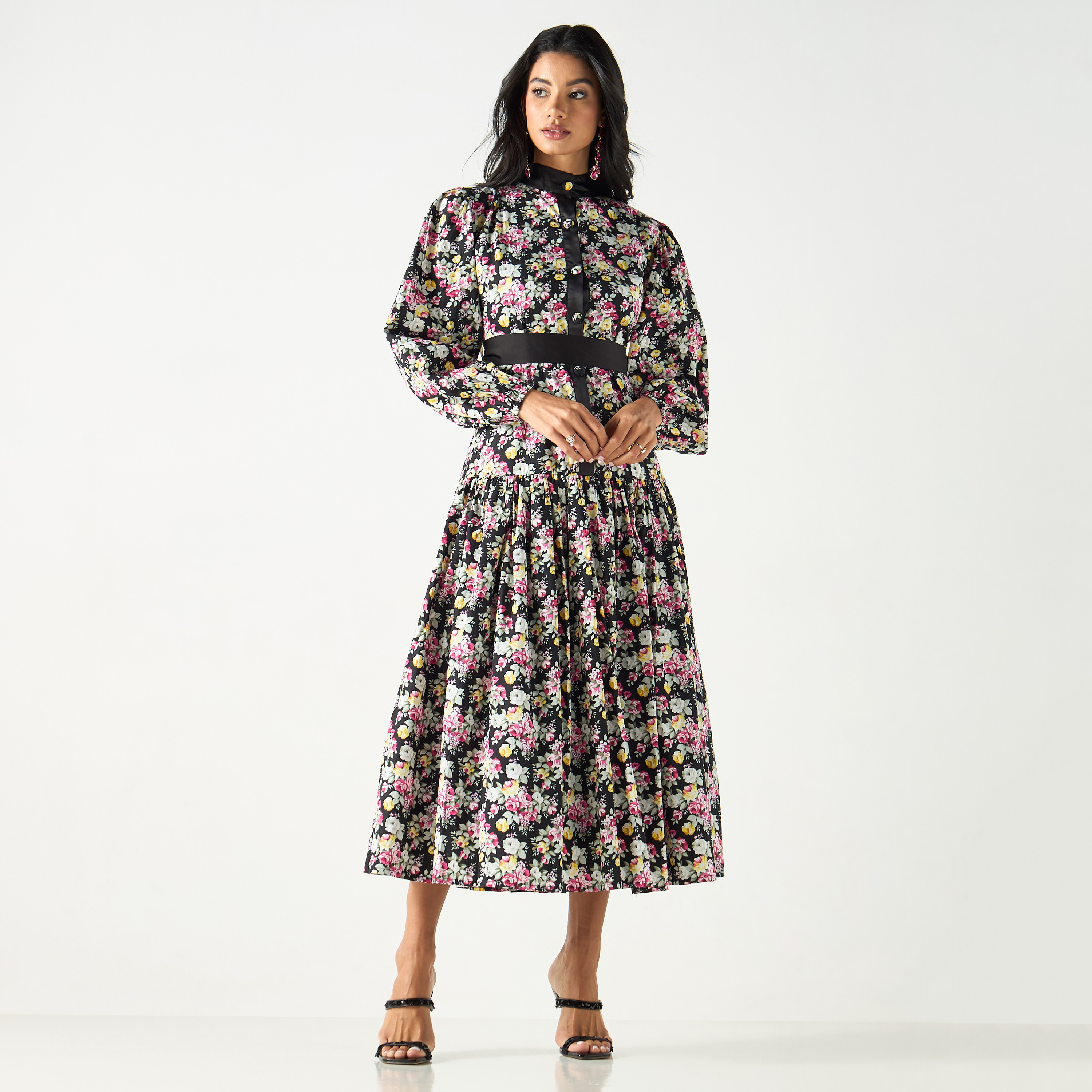 Golden Apple All-Over Floral Print A-line Midi Dress with Tie-Up Belt-women-clothing-dresses-image-1