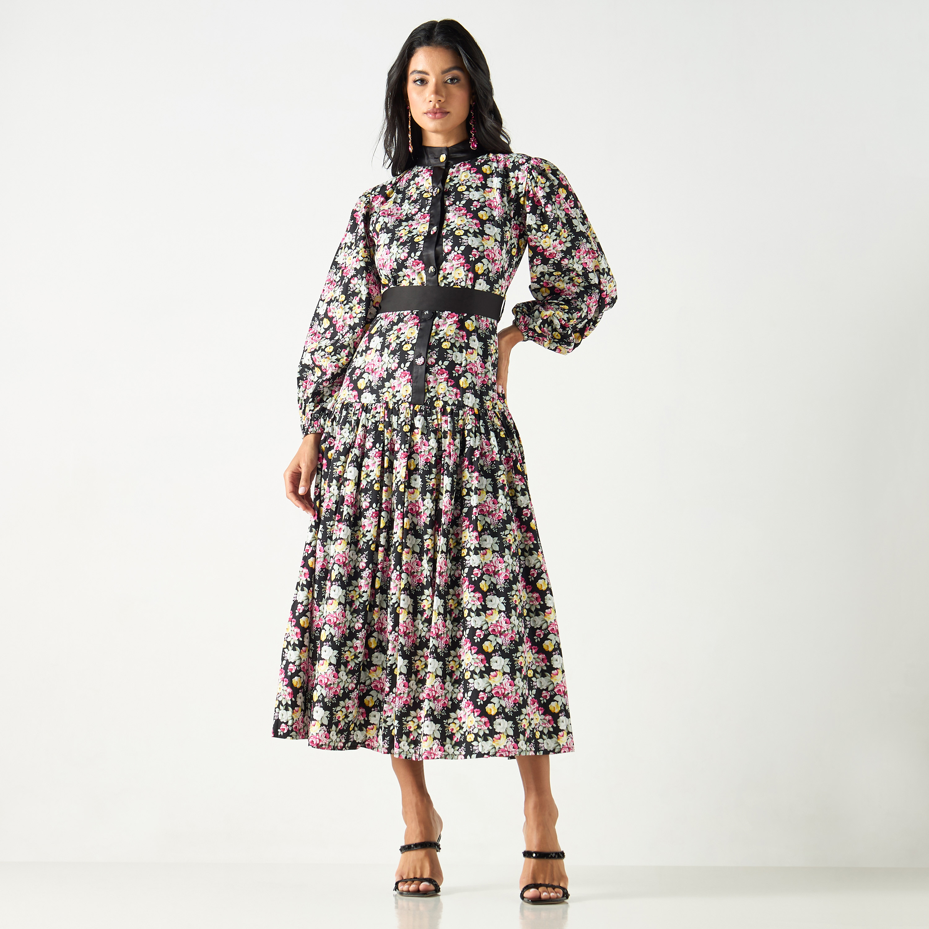 فستان ميدي إيه لاين بحزام ربط وطبعات زهرية من جولدن أبل-women-clothing-dresses-image-2