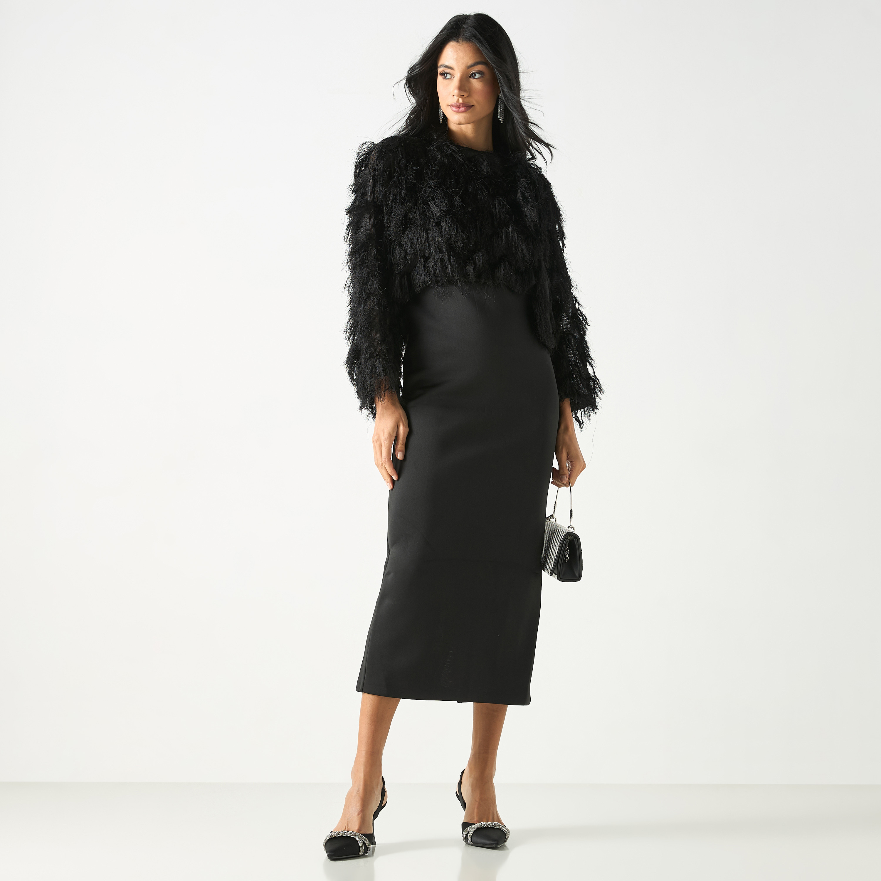 فستان بياقة عالية وتفاصيل مخملية مع فتحة-women-clothing-dresses-image-5