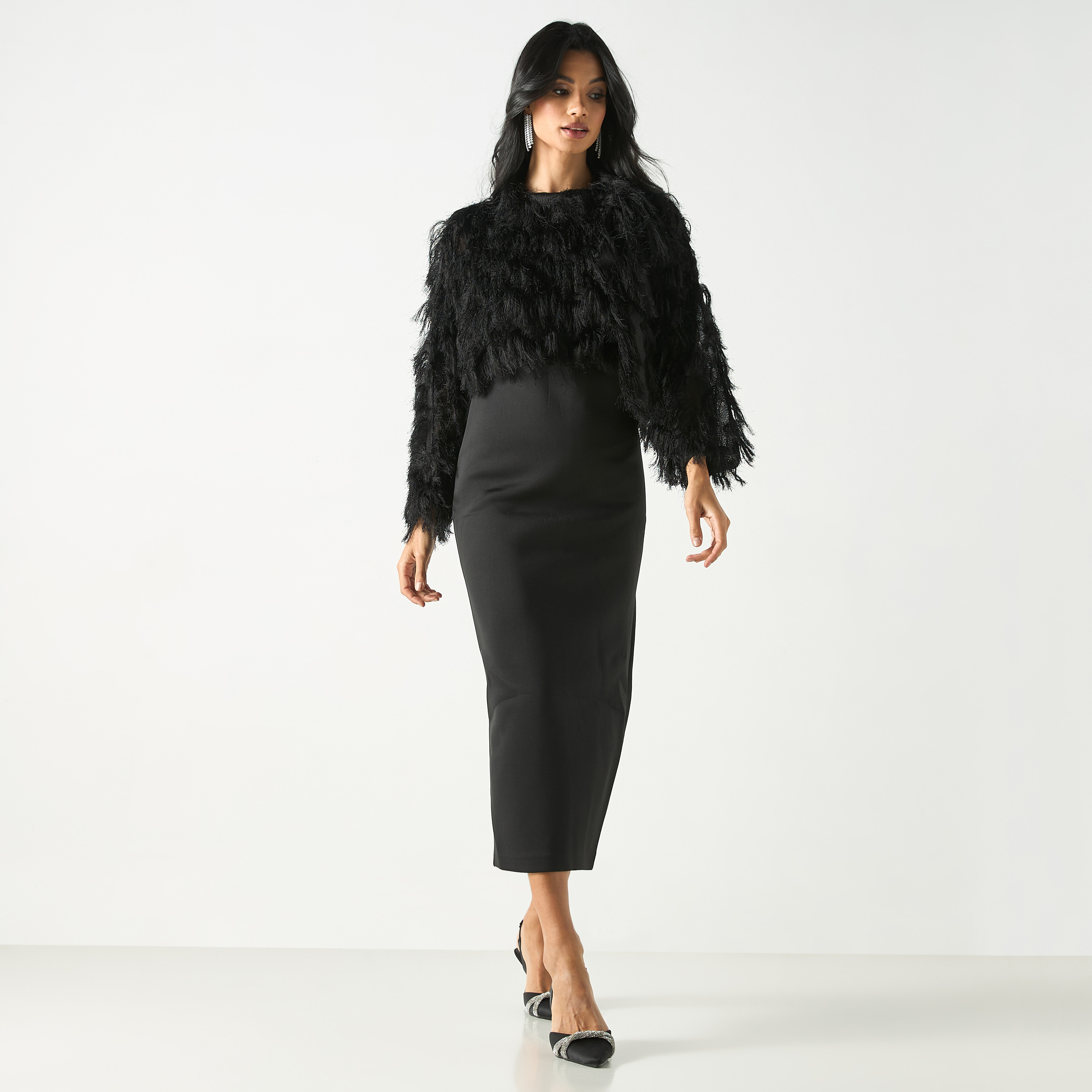 فستان بياقة عالية وتفاصيل مخملية مع فتحة-women-clothing-dresses-image-6
