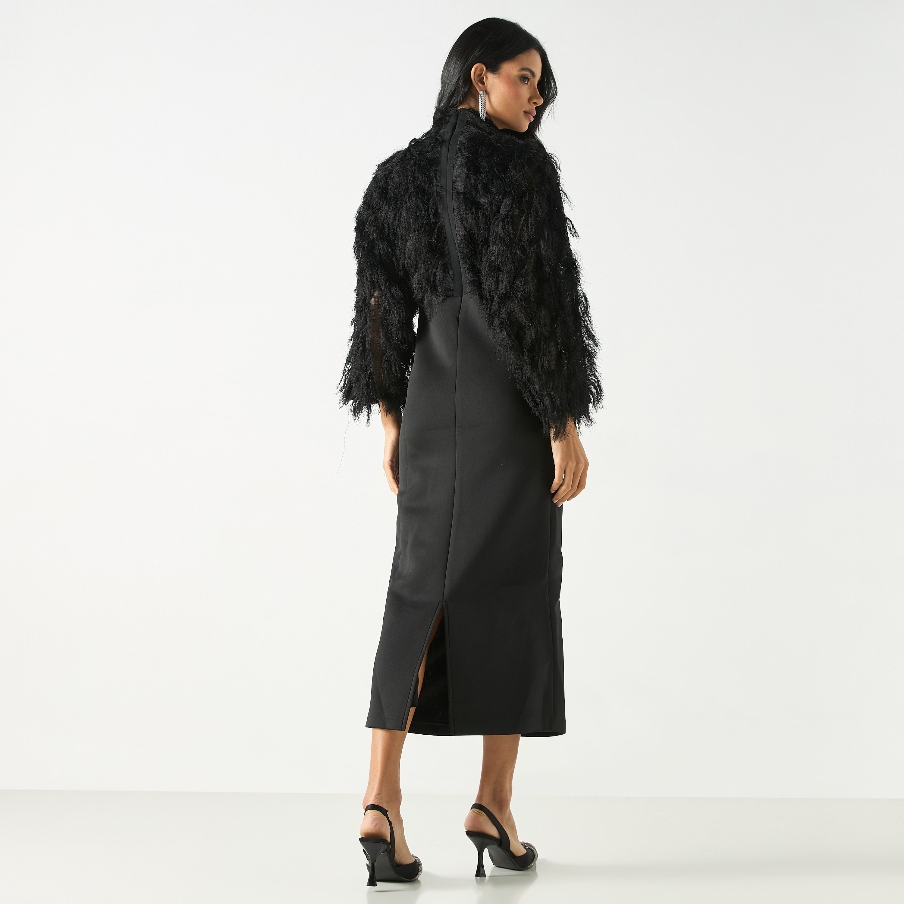 فستان بياقة عالية وتفاصيل مخملية مع فتحة-women-clothing-dresses-image-7
