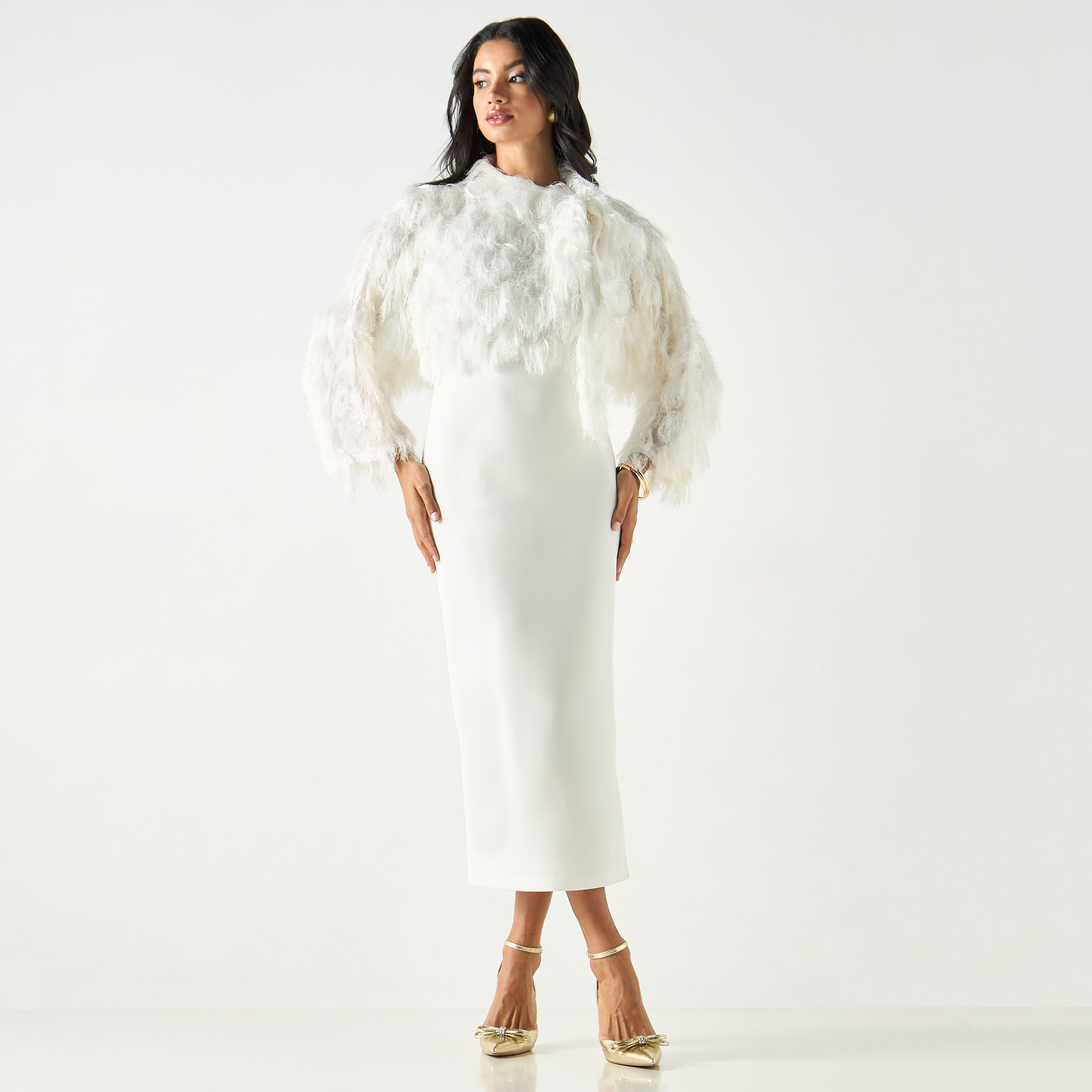 Plush Detail High Neck Dress with Slit-women-clothing-dresses-image-1
