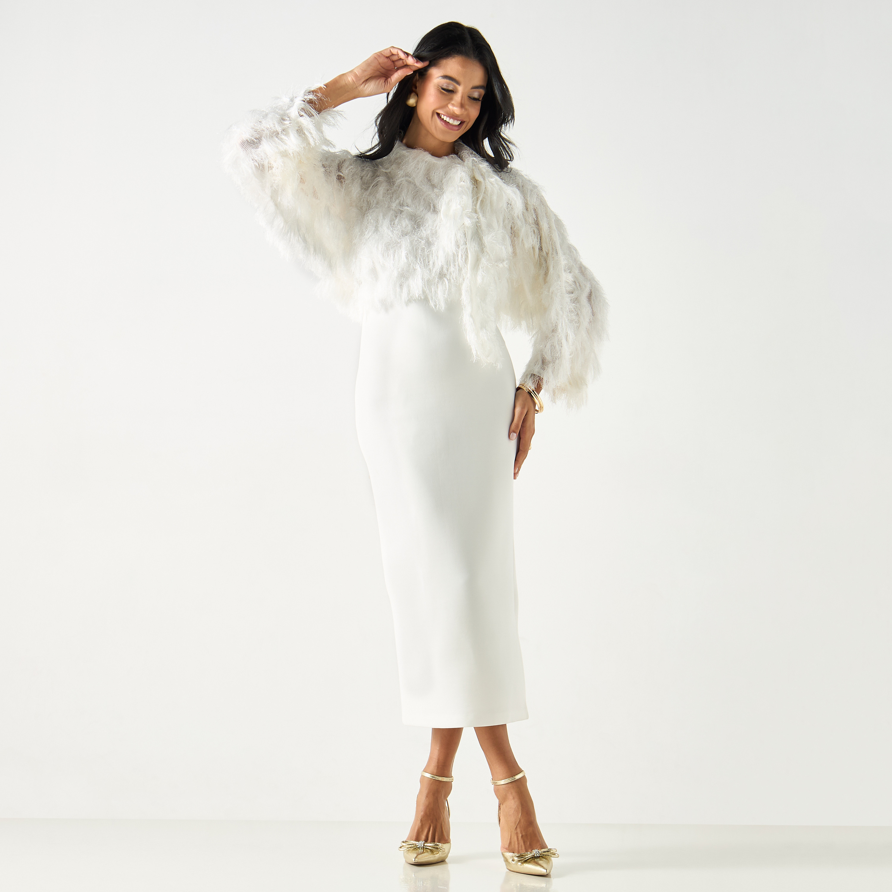 فستان بياقة عالية وتفاصيل مخملية مع فتحة-women-clothing-dresses-image-2