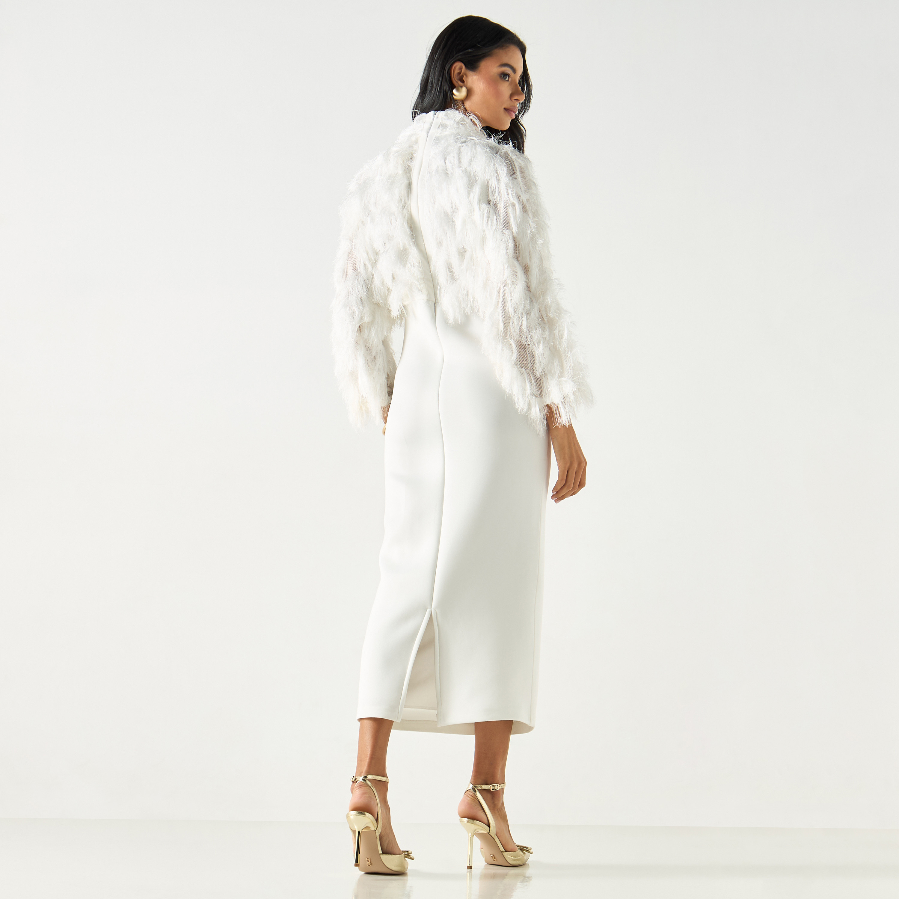 Plush Detail High Neck Dress with Slit-women-clothing-dresses-image-3