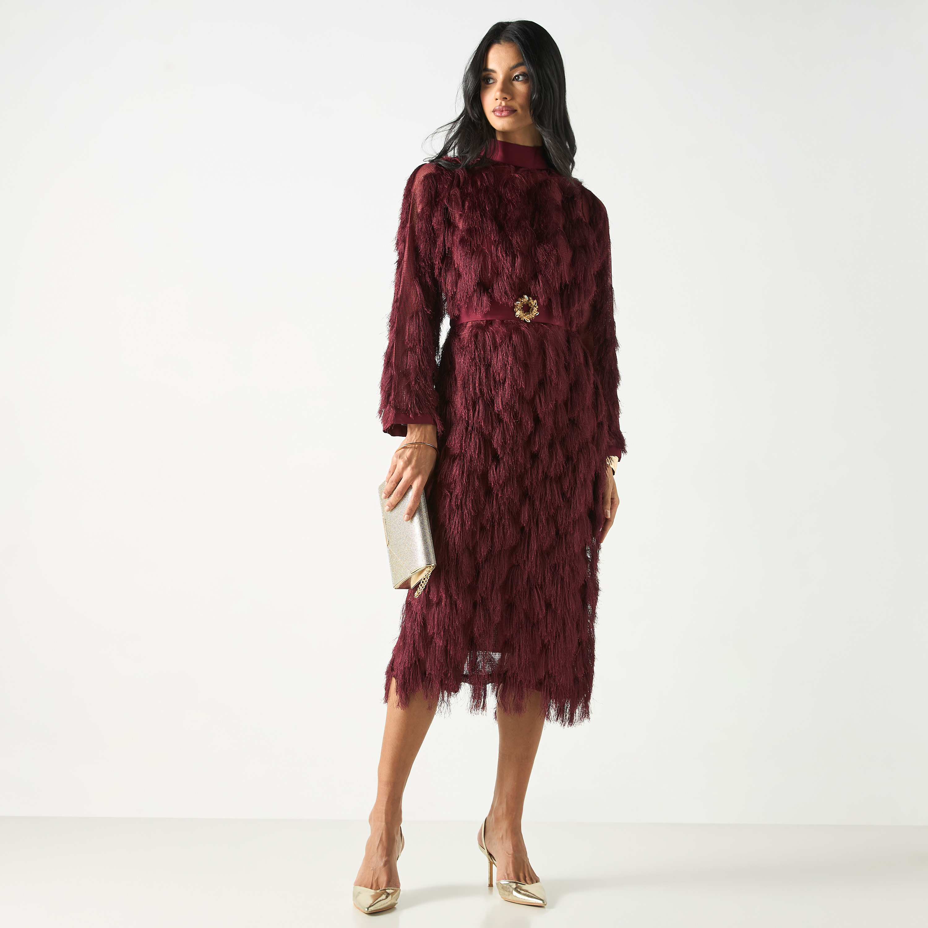 Golden Apple Fur Embellished Buckle Belted Midi Dress-women-clothing-dresses-image-1