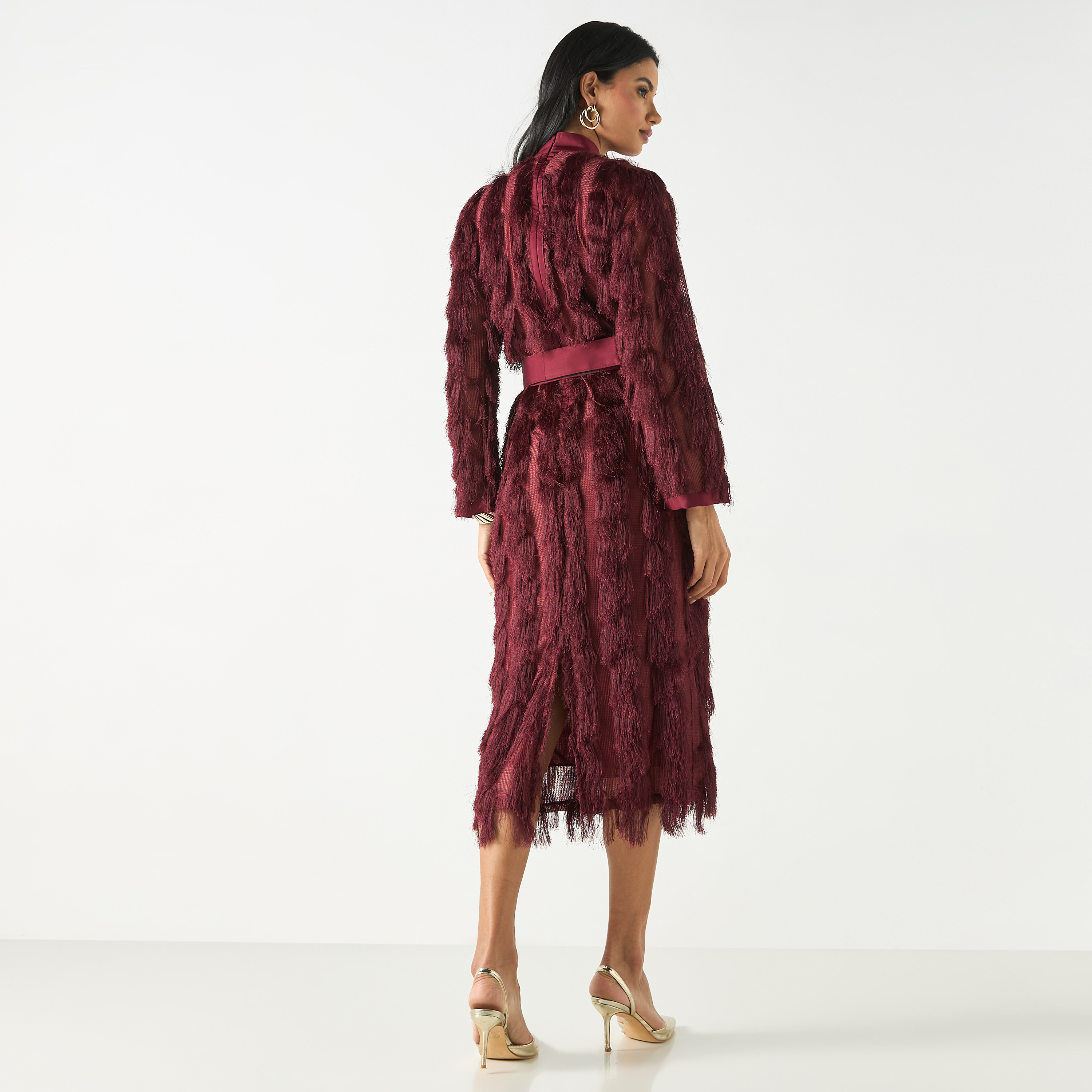 Golden Apple Fur Embellished Buckle Belted Midi Dress-women-clothing-dresses-image-3
