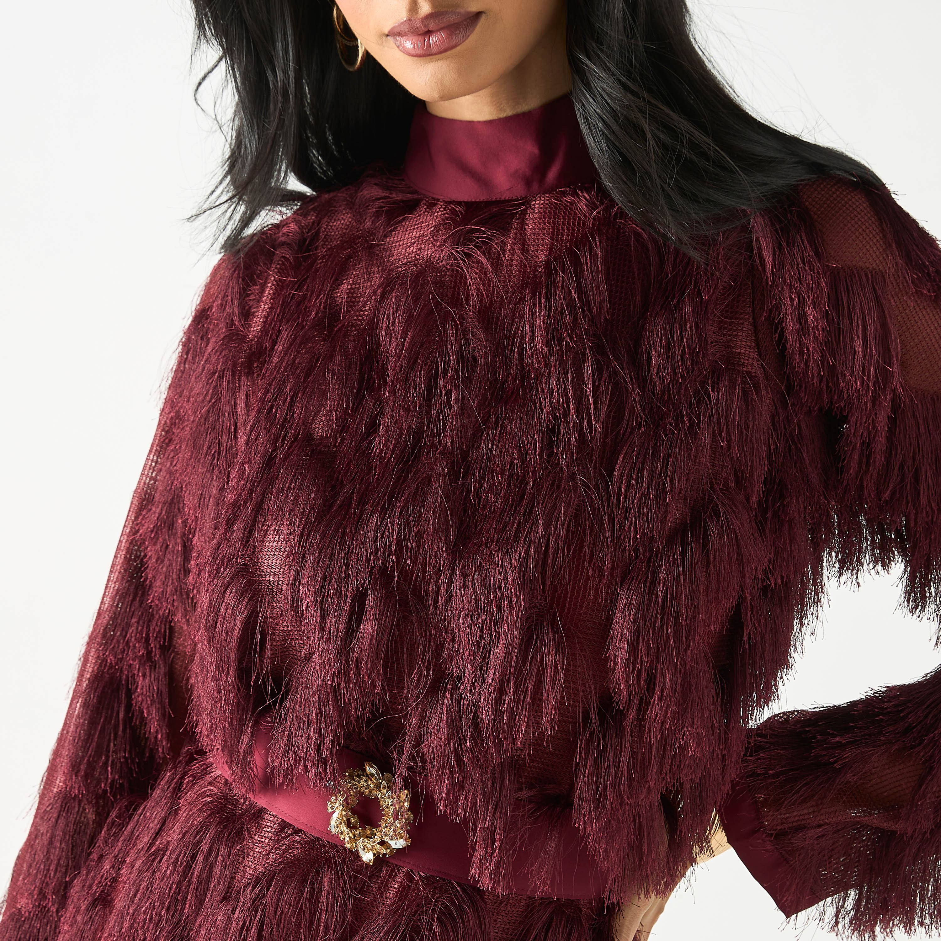 Golden Apple Fur Embellished Buckle Belted Midi Dress-women-clothing-dresses-image-4