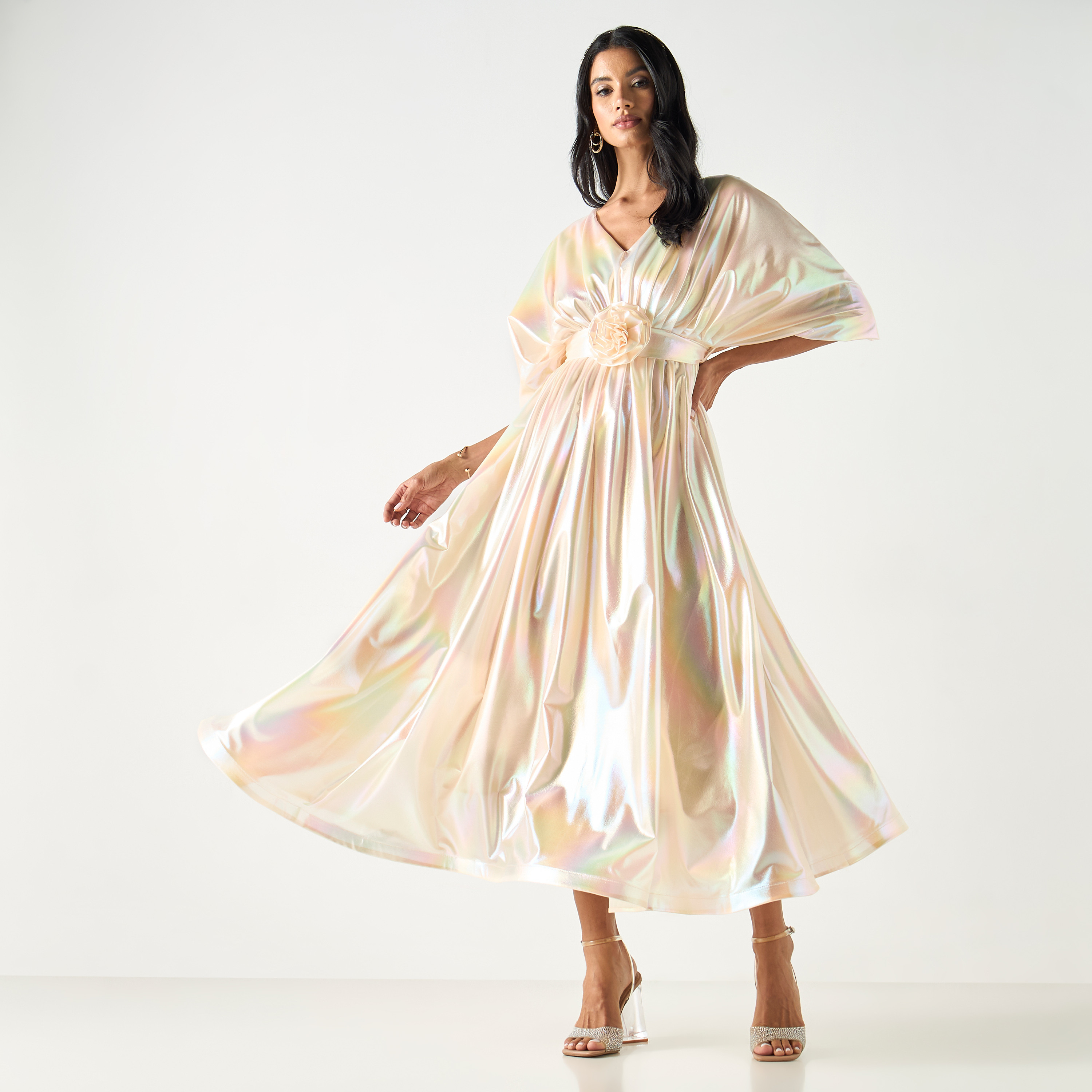 Golden Apple Kimono Sleeves Dress with Floral Applique and Tie-Up Belt-women-clothing-dresses-image-13