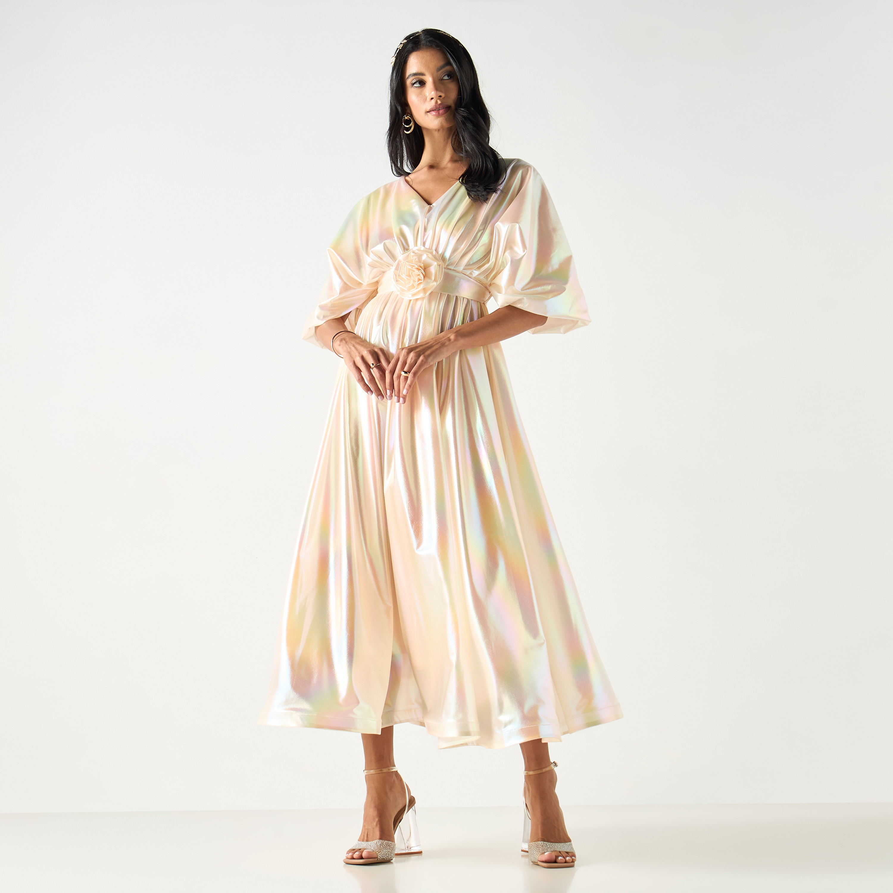 Golden Apple Kimono Sleeves Dress with Floral Applique and Tie-Up Belt-women-clothing-dresses-image-14