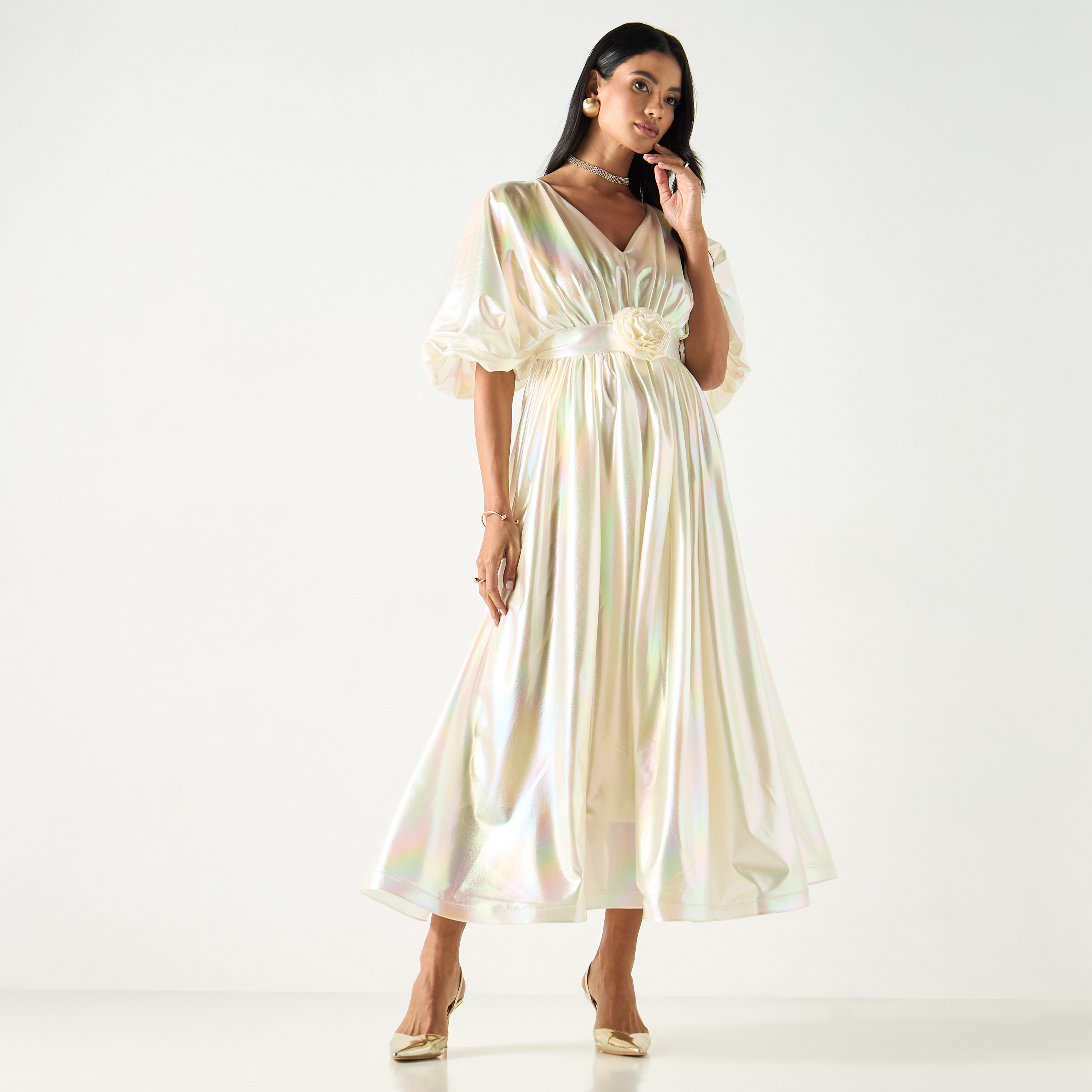 Golden Apple Kimono Sleeves Dress with Floral Applique and Tie-Up Belt-women-clothing-dresses-image-5