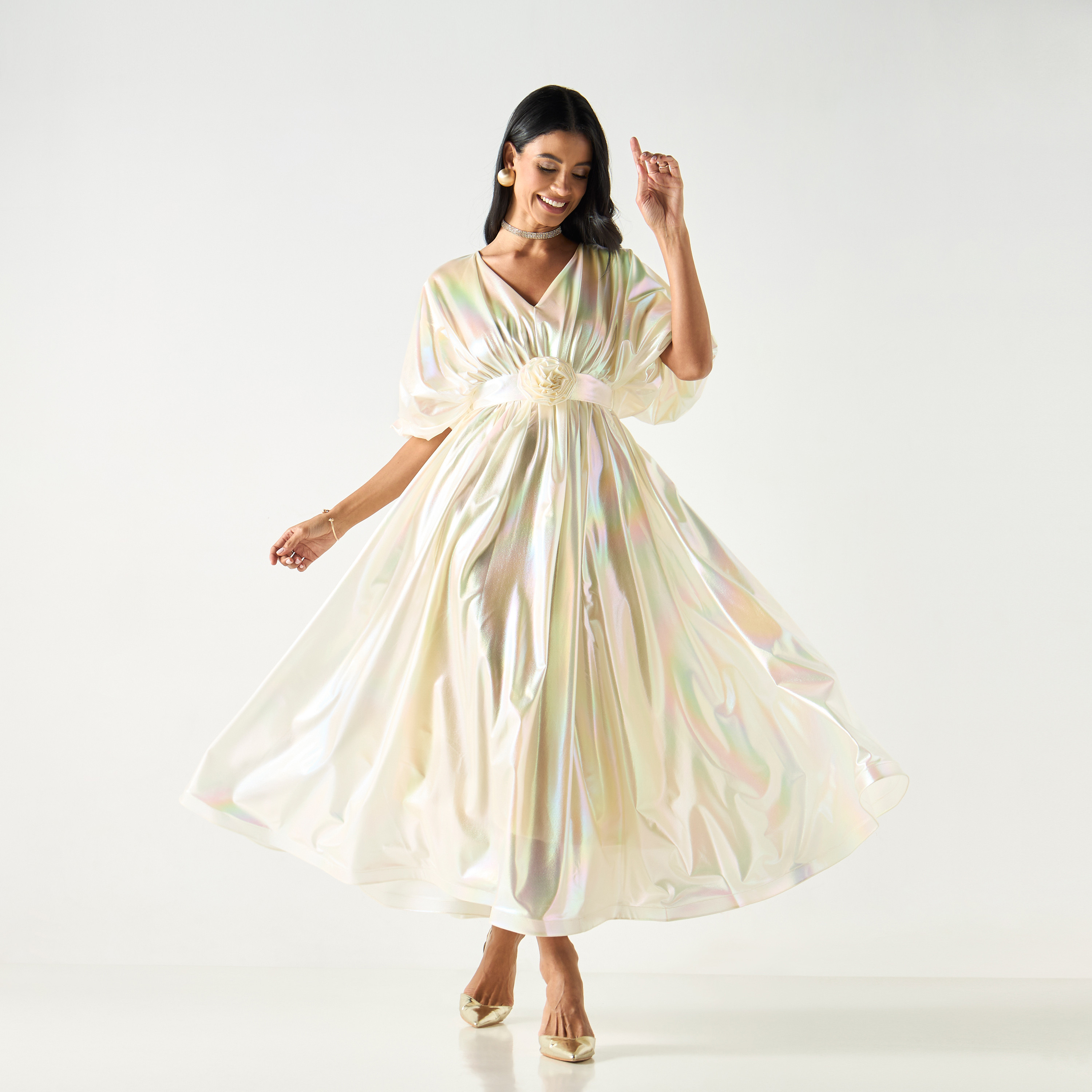 Golden Apple Kimono Sleeves Dress with Floral Applique and Tie-Up Belt-women-clothing-dresses-image-6