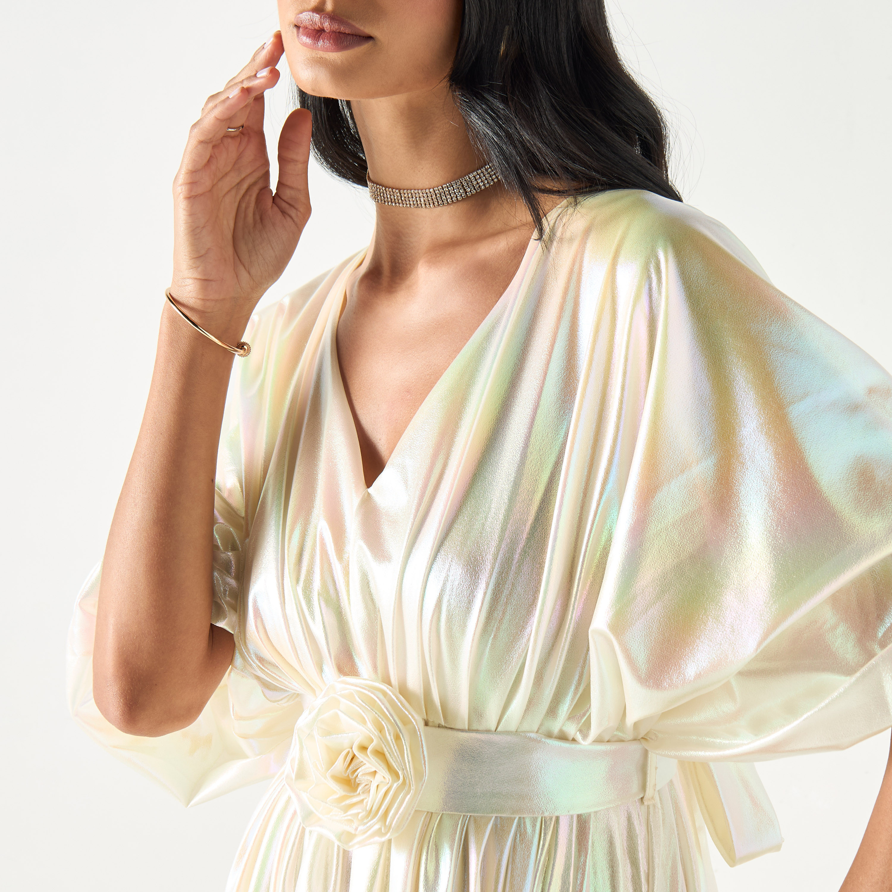 Golden Apple Kimono Sleeves Dress with Floral Applique and Tie-Up Belt-women-clothing-dresses-image-8
