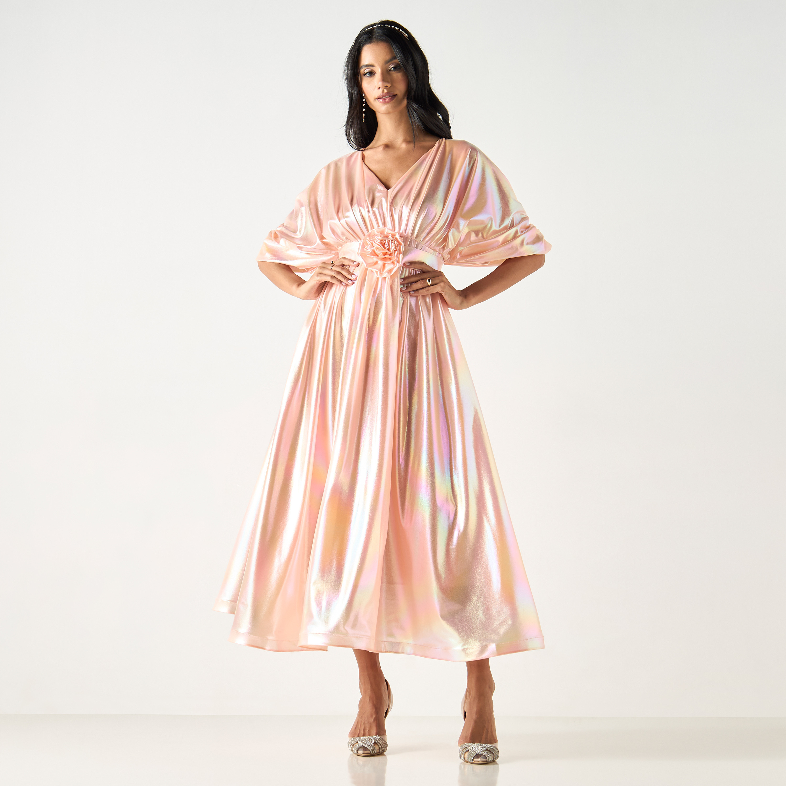 Golden Apple Kimono Sleeves Dress with Floral Applique and Tie-Up Belt-women-clothing-dresses-image-1