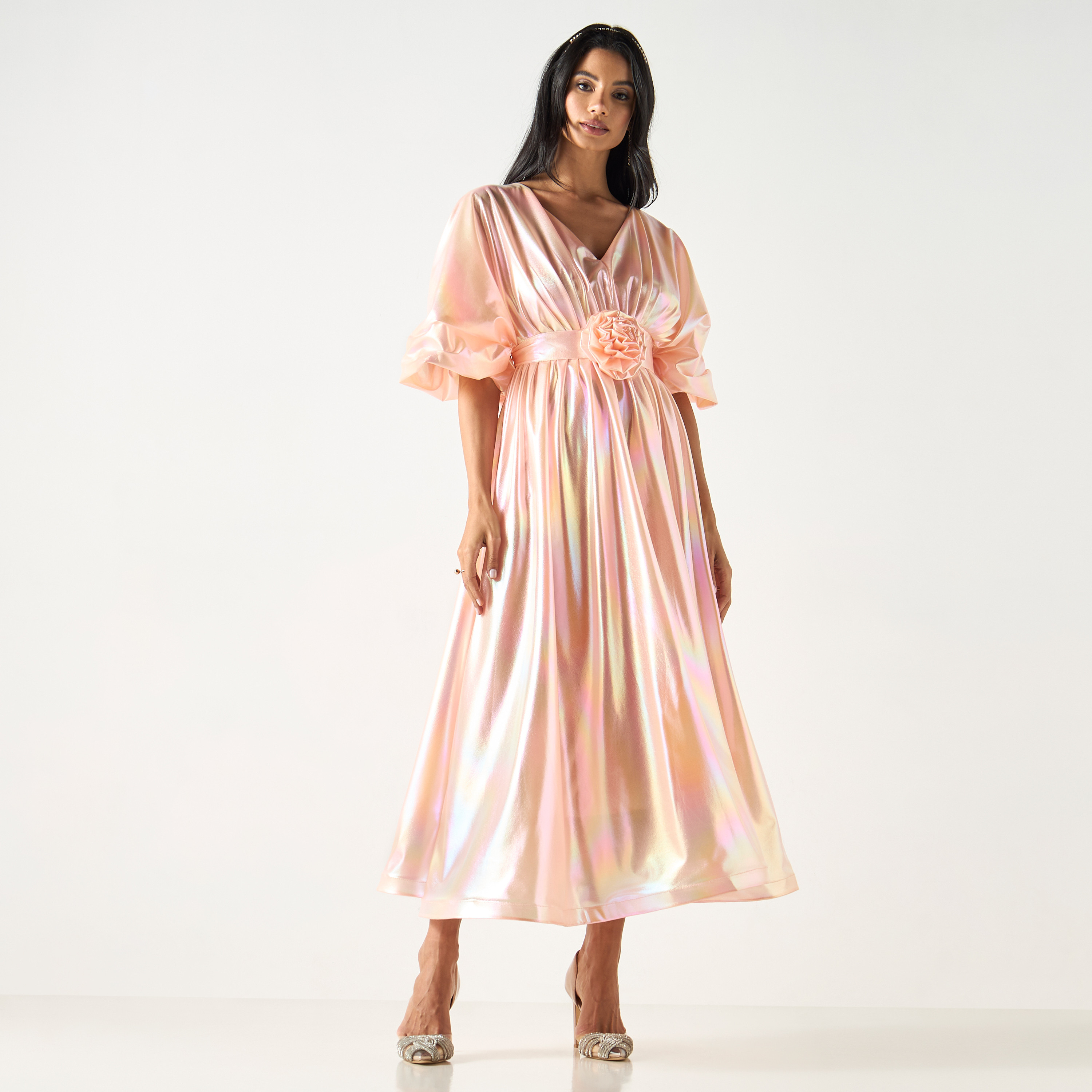 Golden Apple Kimono Sleeves Dress with Floral Applique and Tie-Up Belt-women-clothing-dresses-image-2